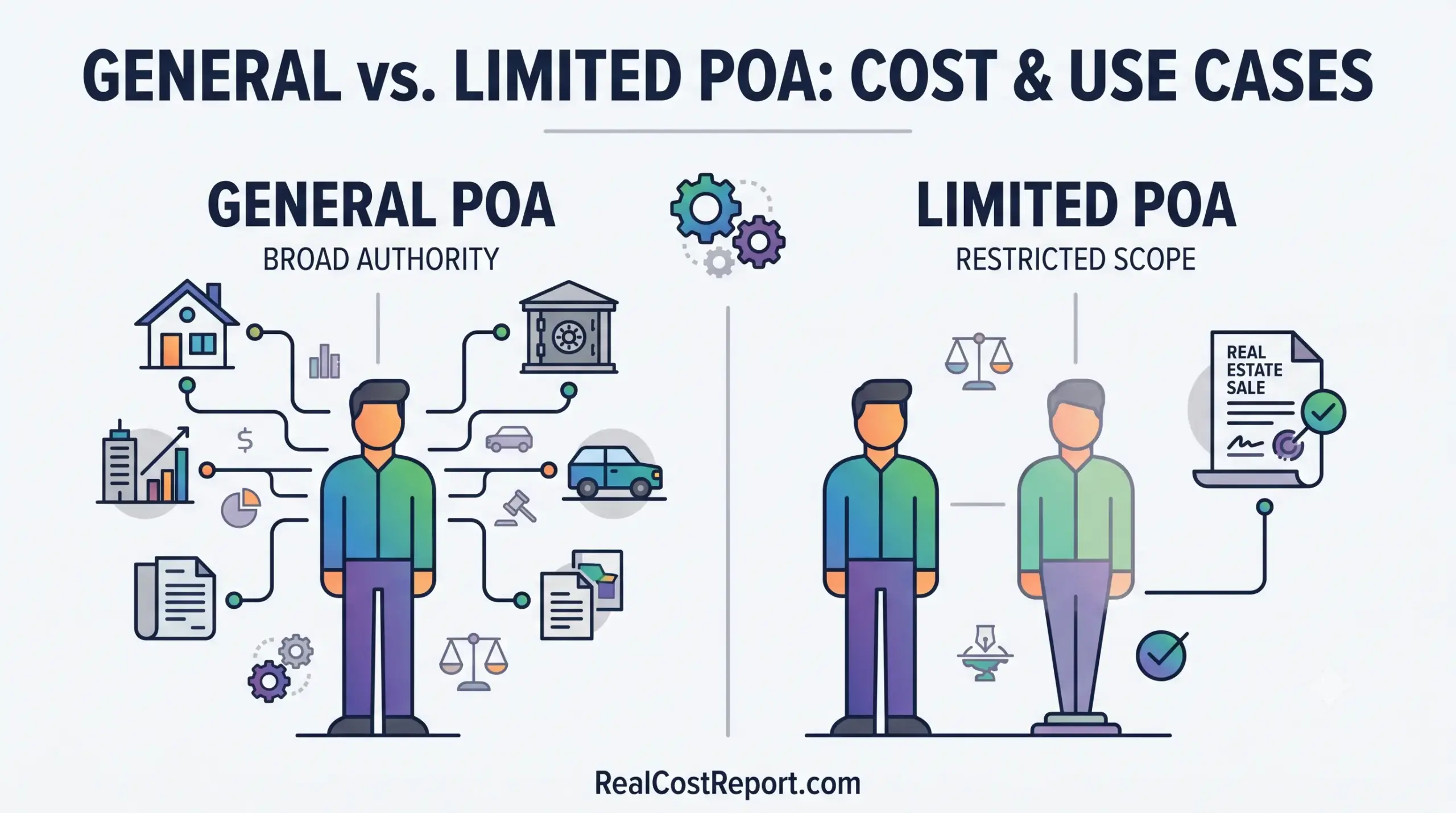 A modern geometric illustration comparing General POA with broad authority to Limited POA with restricted scope.