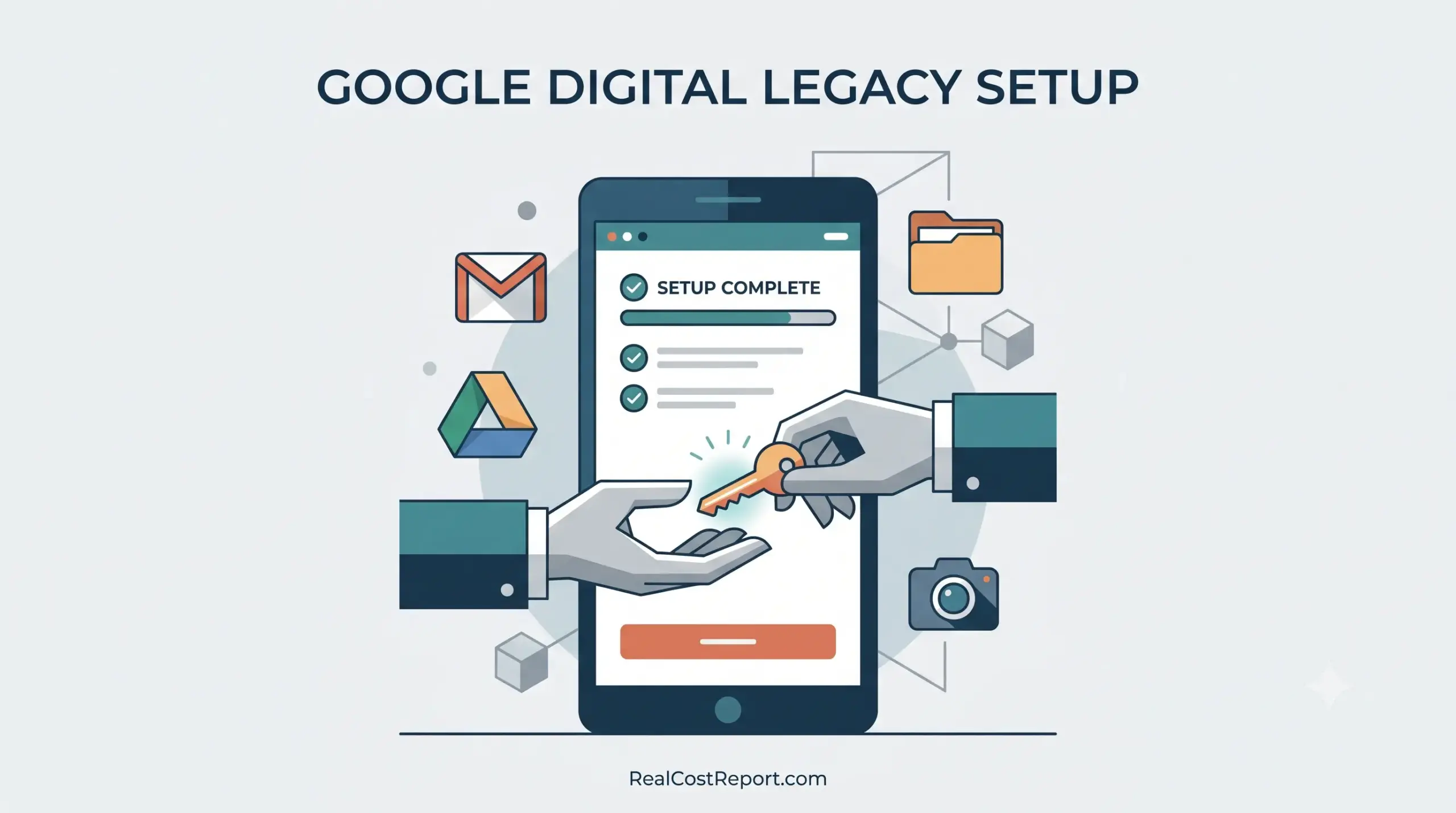 Minimalist geometric illustration of a smartphone transferring a digital key between hands, representing Google digital legacy setup.