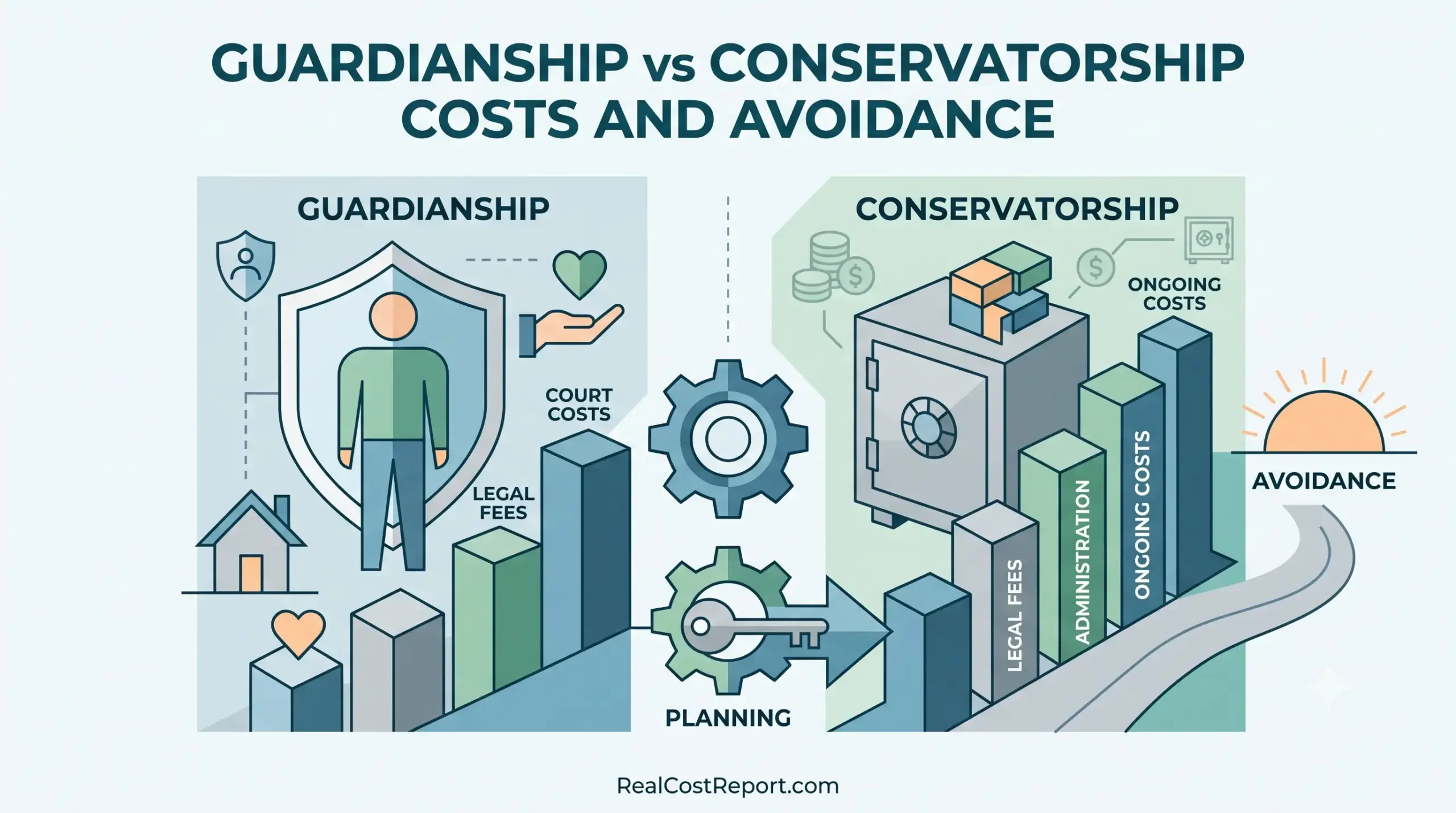 A clean geometric illustration comparing costs of guardianship and conservatorship with a path to planning and avoidance.