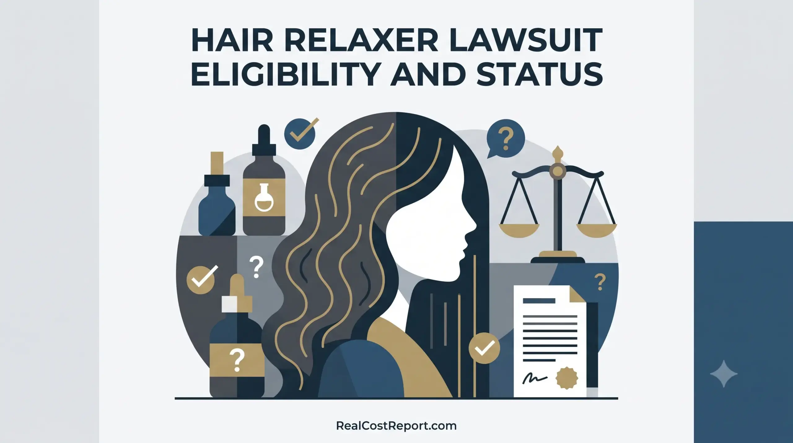 Geometric vector illustration with headline about hair relaxer lawsuit eligibility and status, featuring hair profile and legal scales.