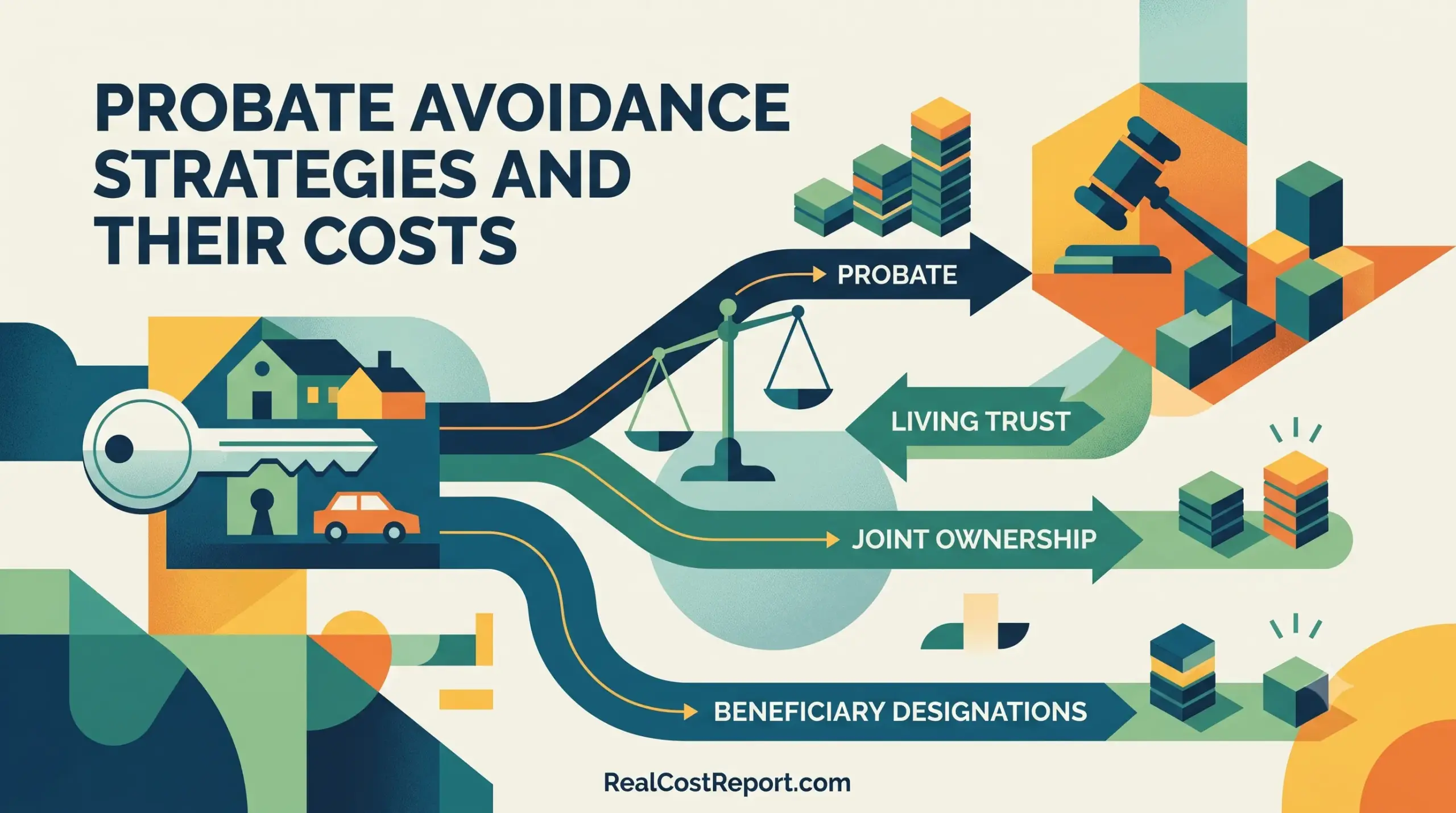 Geometric vector illustration illustrating probate avoidance pathways and their associated financial implications with cost-analysis elements.