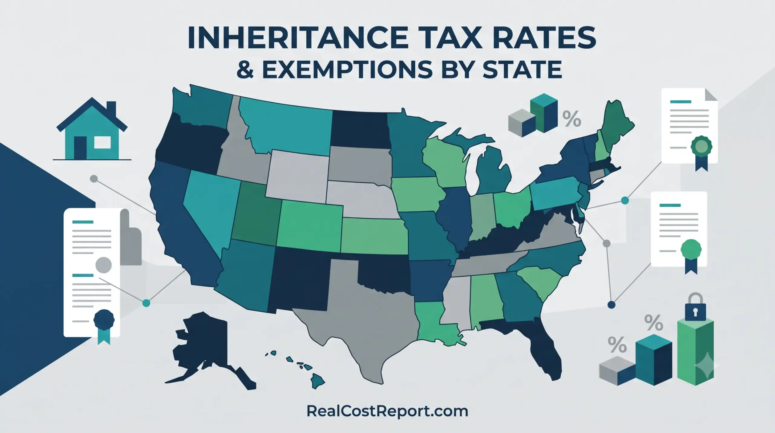 Modern vector infographic illustrating United States inheritance tax rates and exemptions by state, featuring icons for houses, documents, and percentages in green and blue tones.