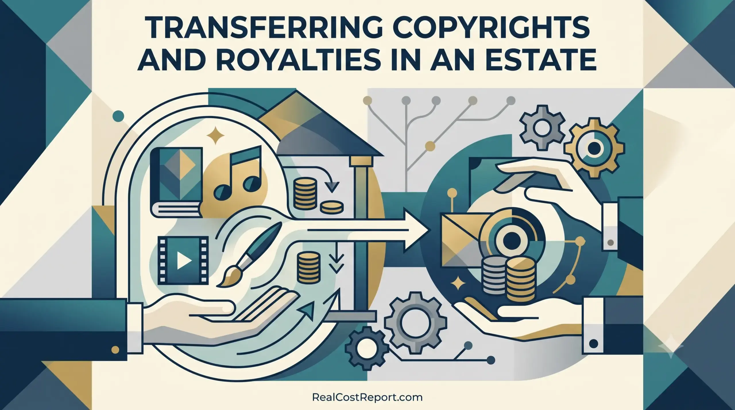 Geometric vector illustration depicting the process of transferring creative asset copyrights and royalty payments within an estate.