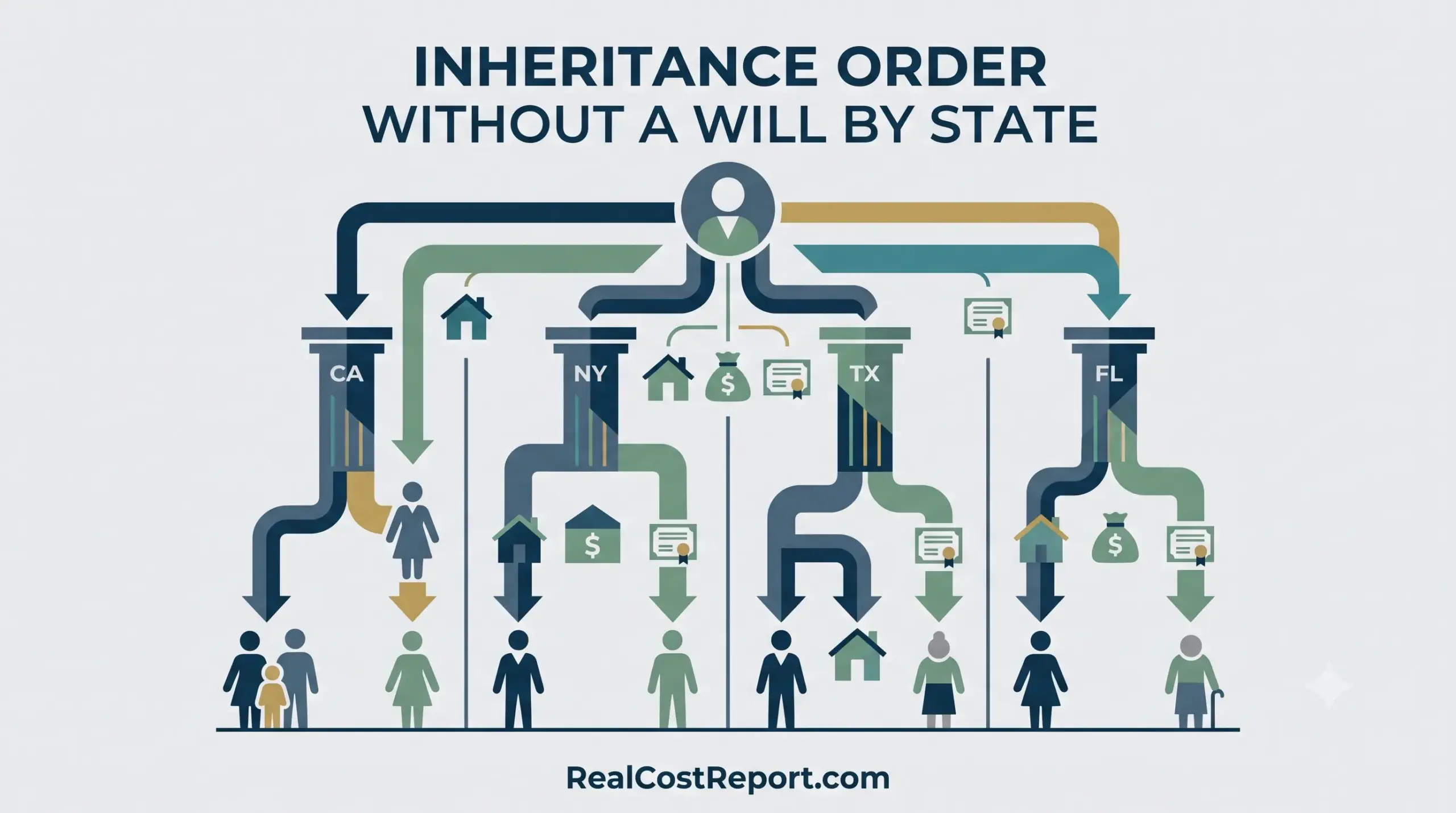 Geometric illustration depicting how assets like houses and money are distributed to family members across different states.