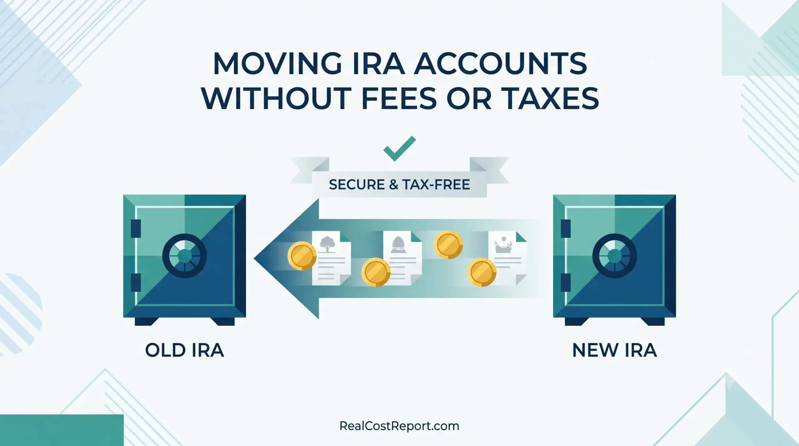 Geometric vector illustration showing gold coins and documents transferring between an 'OLD IRA' safe and a 'NEW IRA' safe.