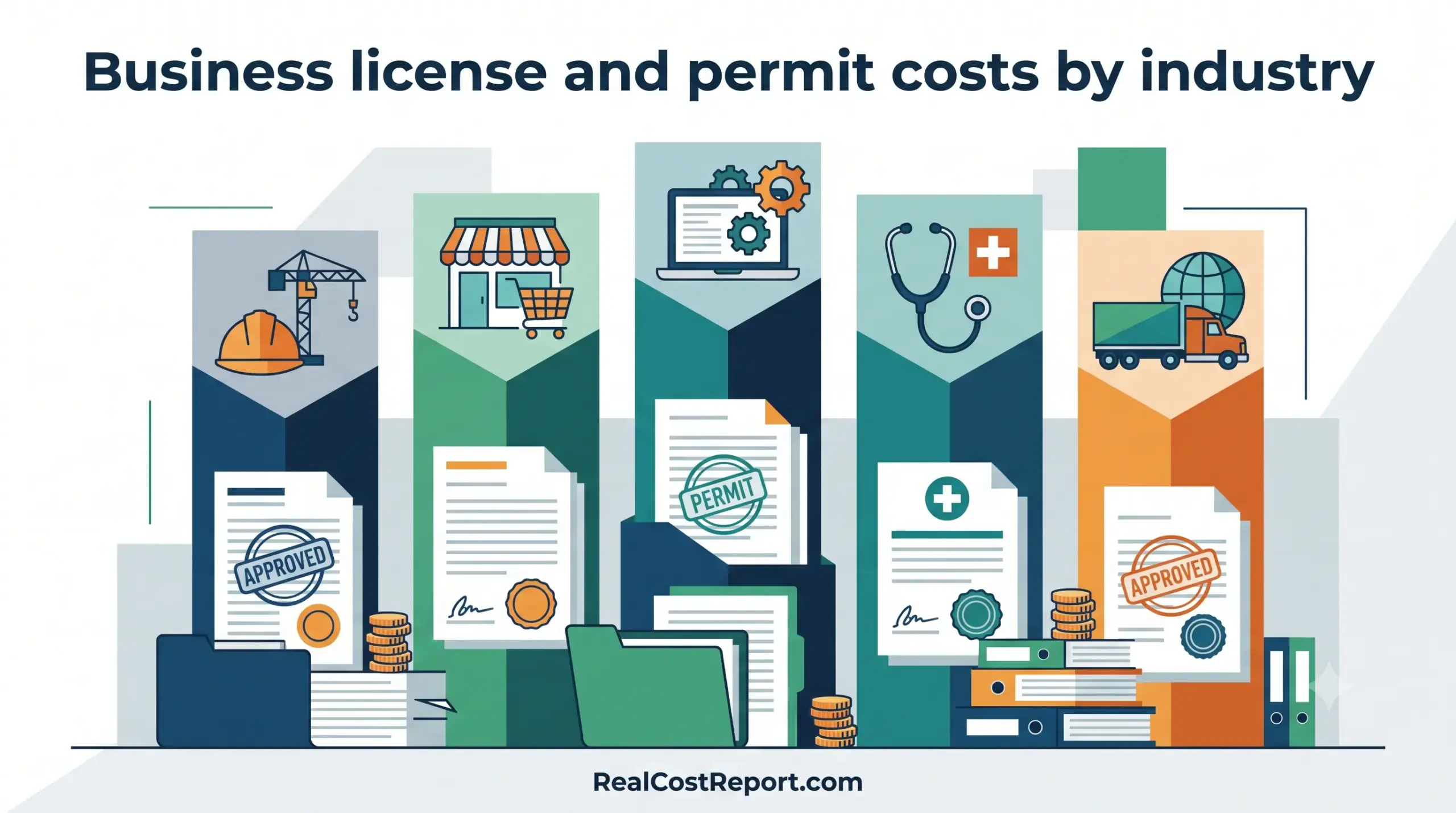 Geometric vector illustration representing business license costs across different industries like construction, retail, and healthcare.