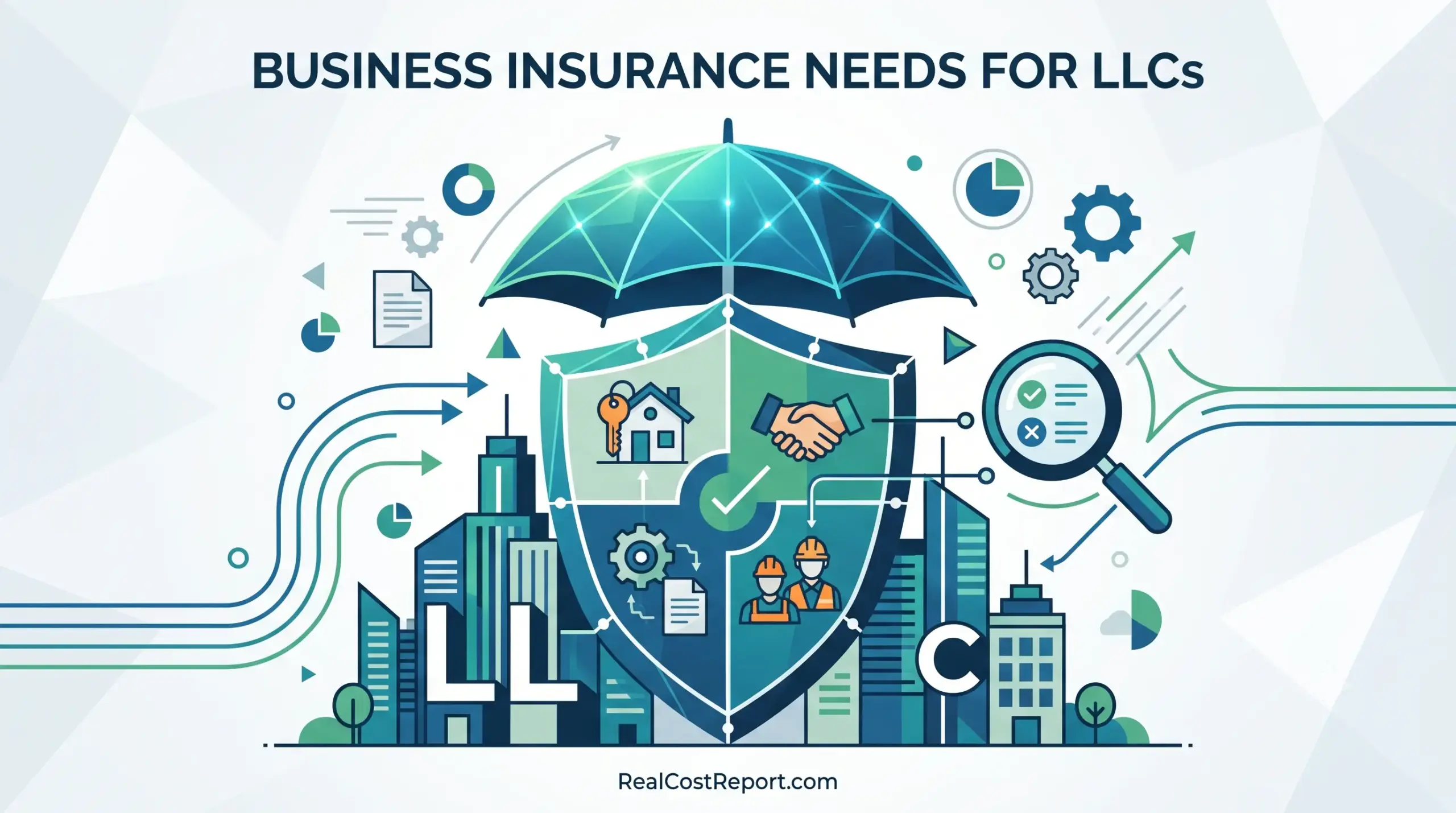 A vector illustration with a large umbrella shielding buildings marked 'LLC', surrounded by various insurance-related icons.