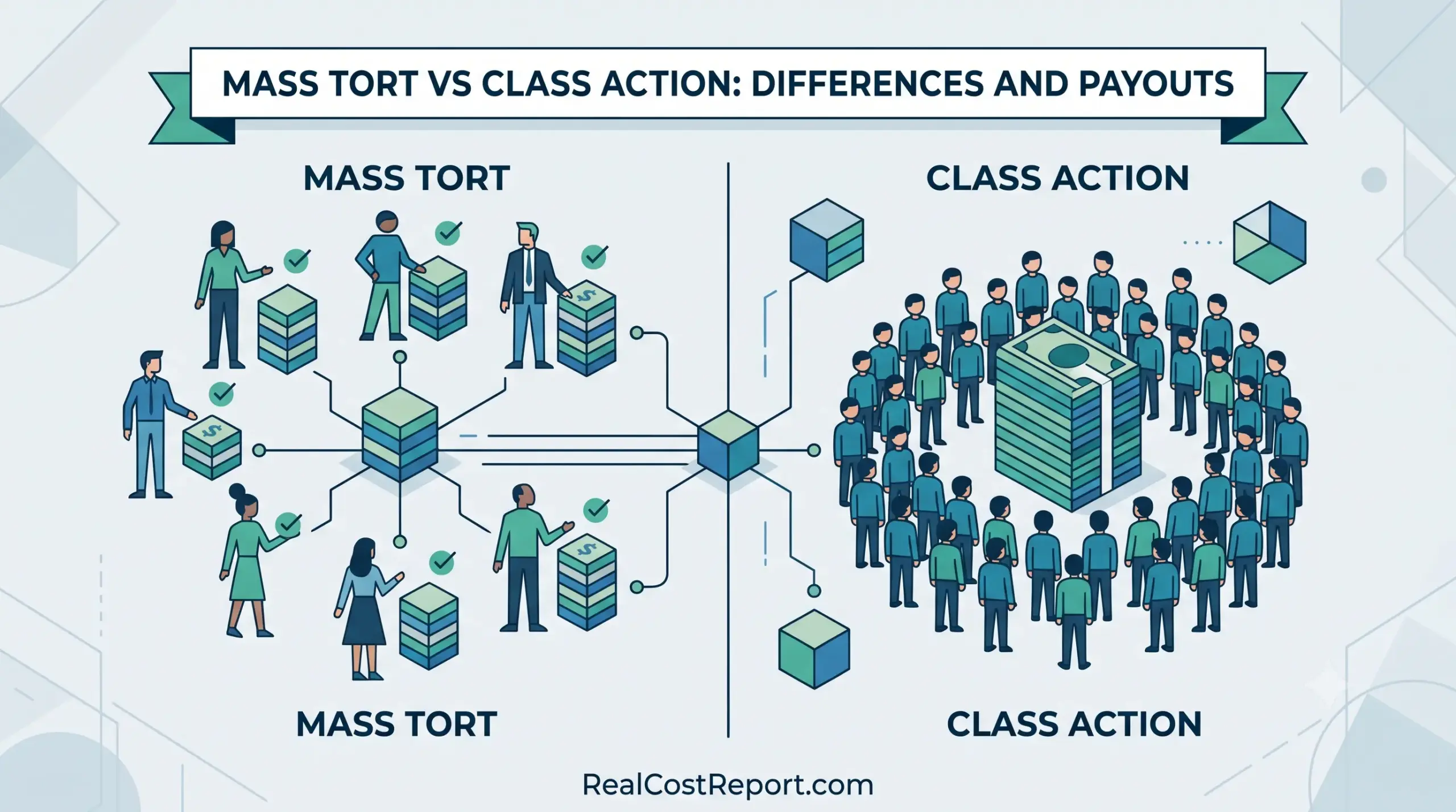 A clean vector illustration comparing mass tort, showing individual payouts, with class action, showing a collective group payout with one stack.
