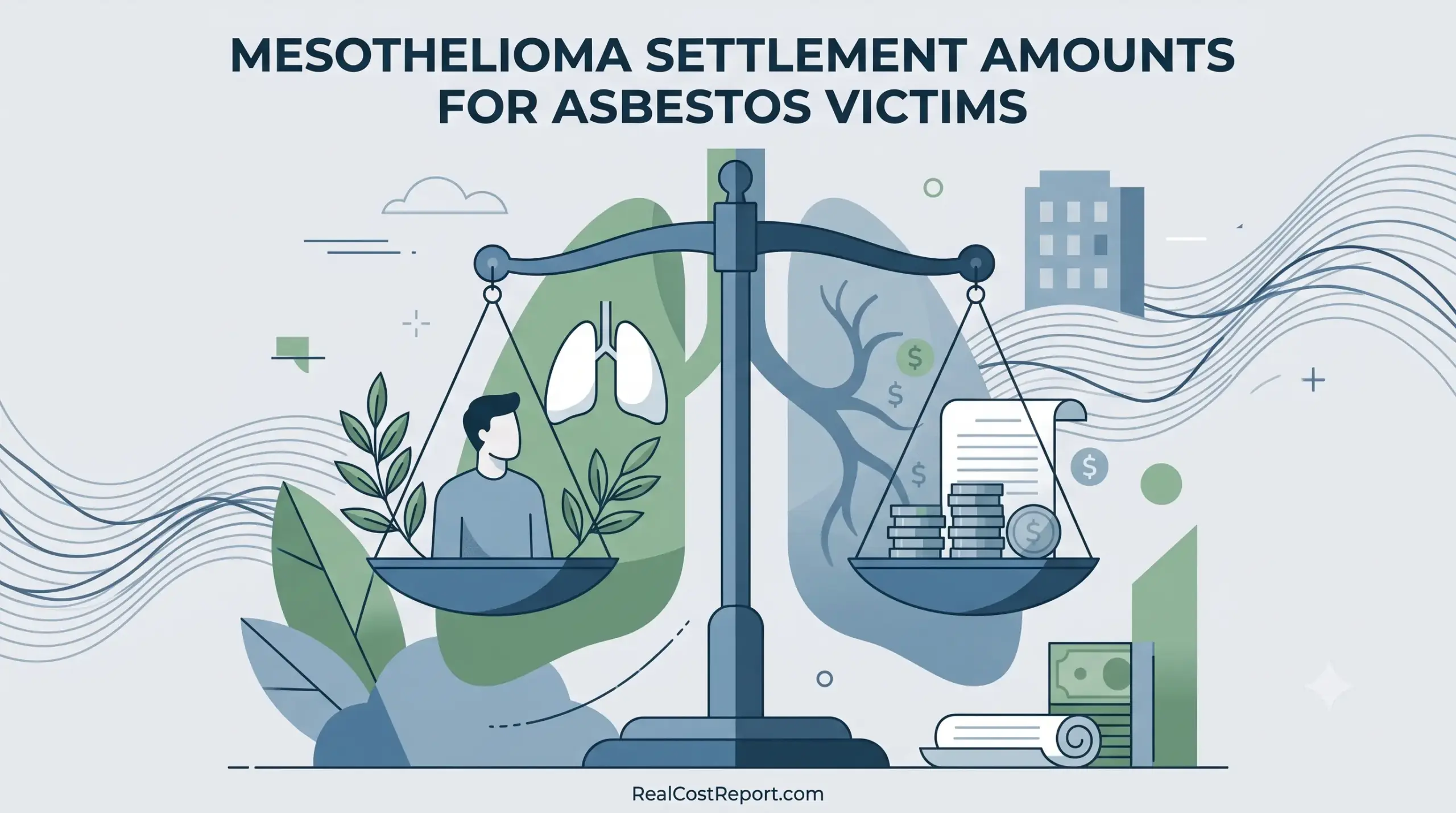 Geometric illustration showing a scale of justice balancing a person and lungs with legal documents and stacked coins.
