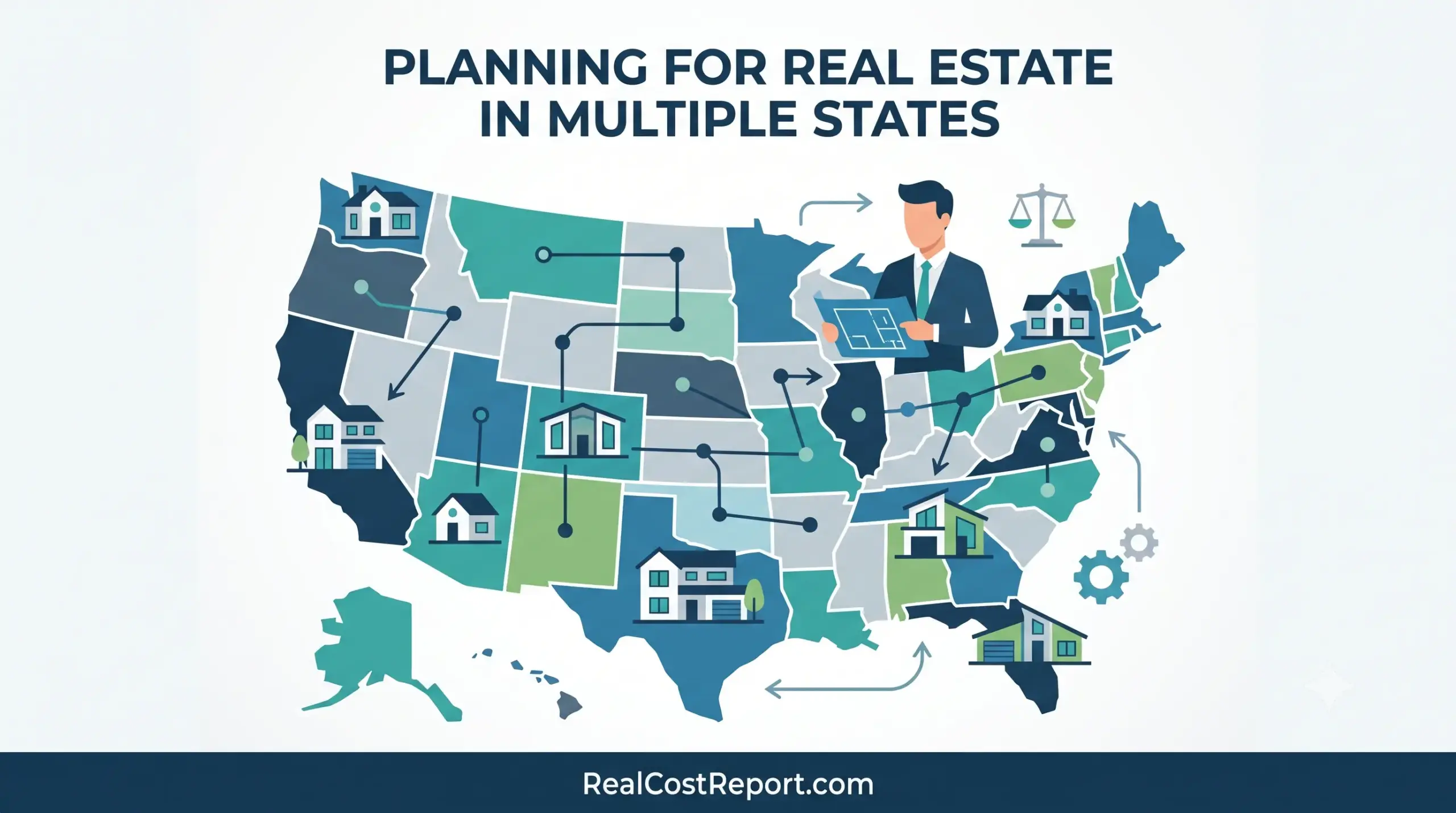 A flat vector illustration of a US map with connected house icons and a professional looking over blueprints, symbolizing multi-state real estate planning.