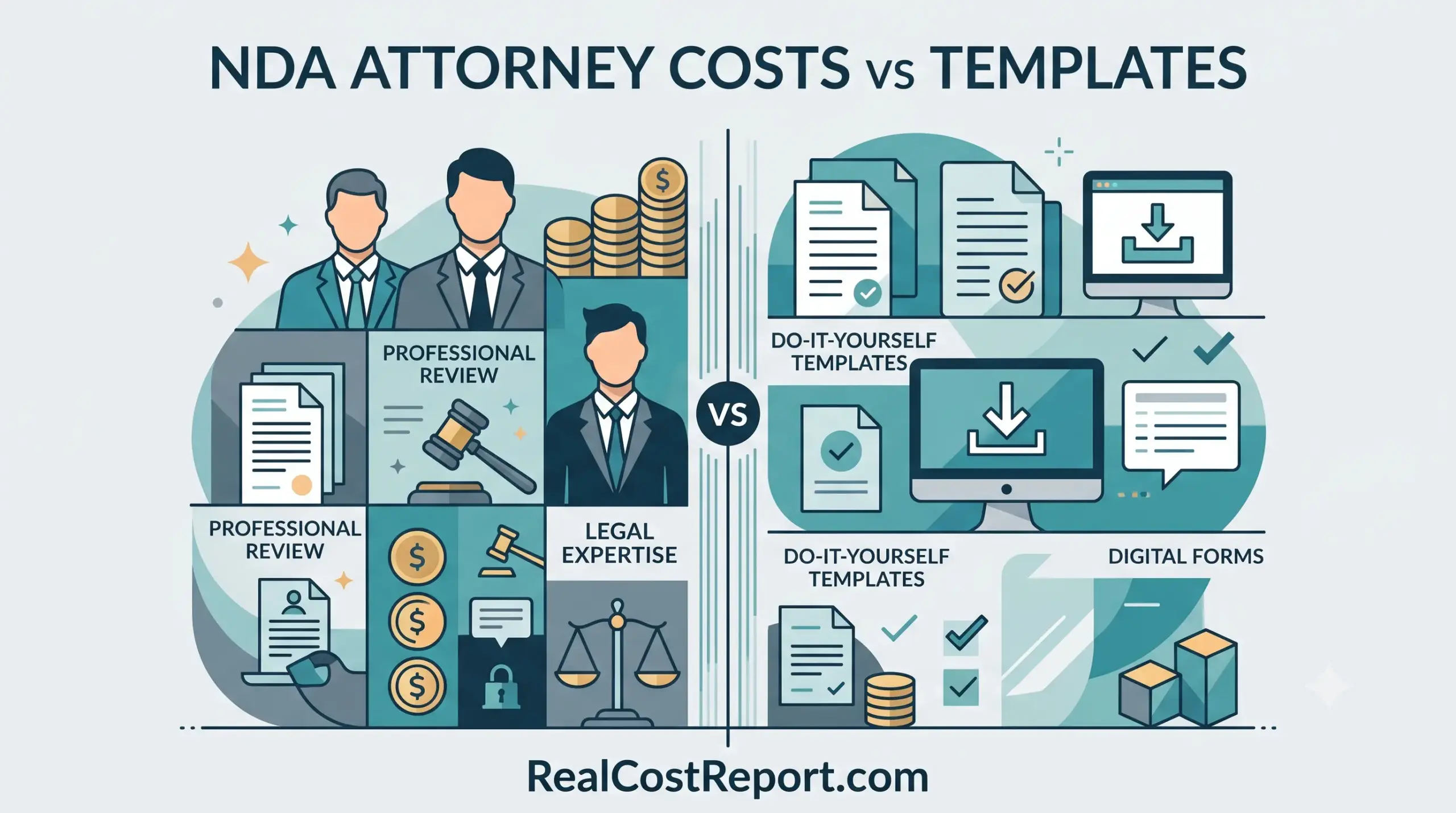 Geometric vector illustration comparing professional legal NDA review on the left against digital document templates on the right.