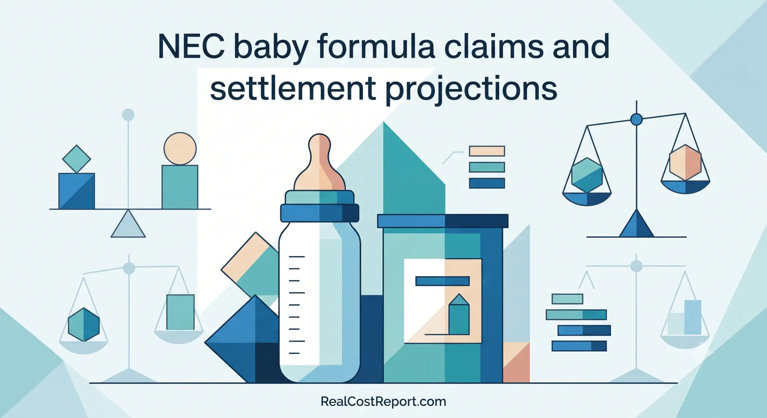 A flat geometric vector illustration for a legal settlements article, featuring a baby bottle and scales of justice on a blue and white background.