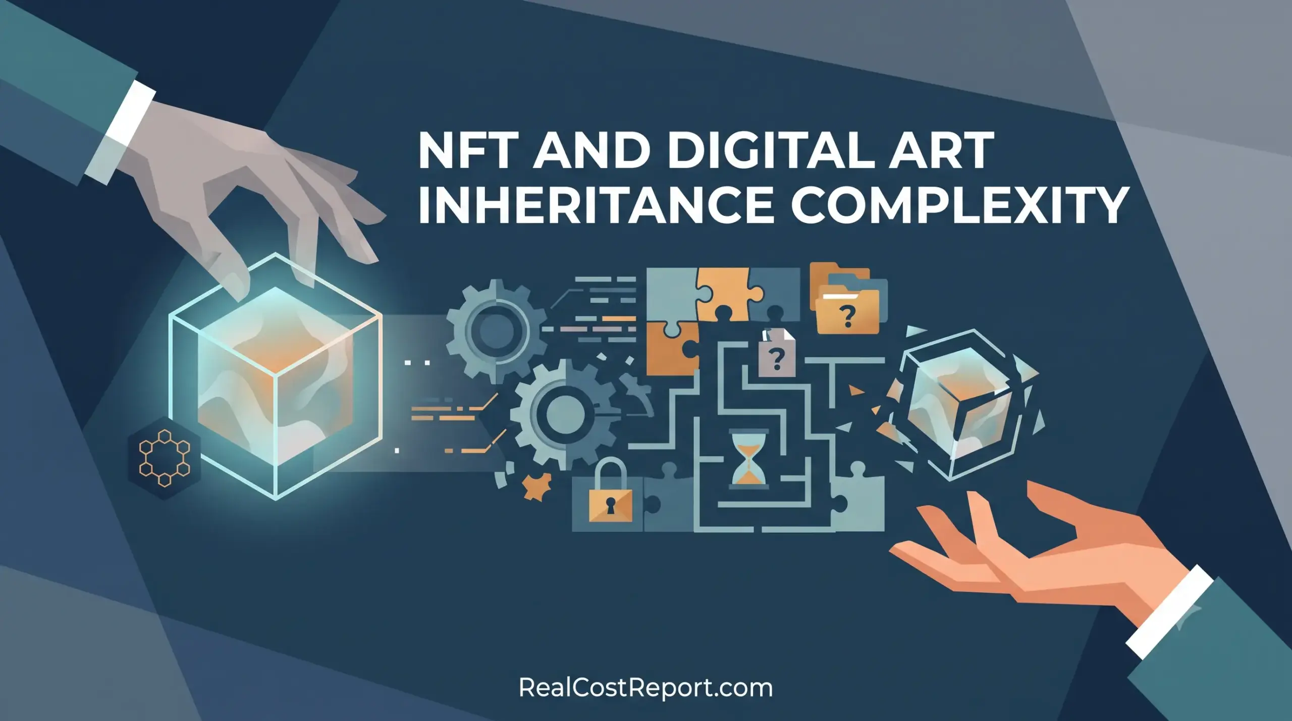 A modern geometric illustration depicting digital blocks transferring between two hands, symbolizing the complexity of NFT inheritance.
