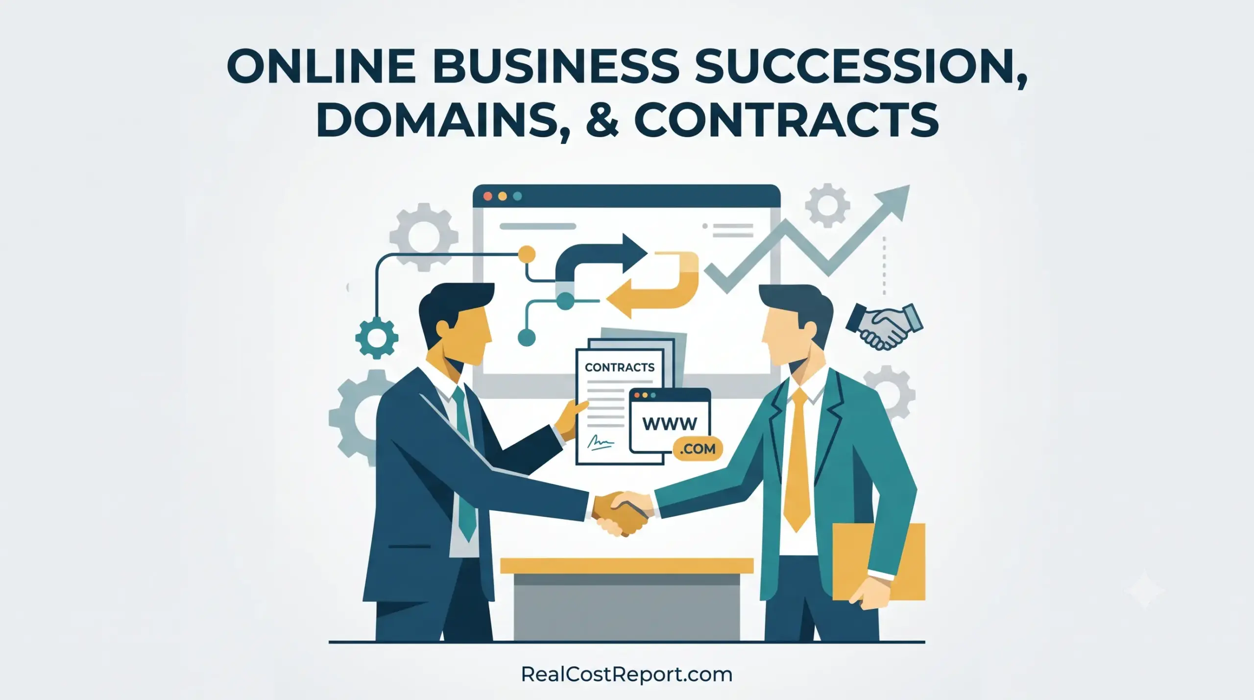 A modern vector illustration showing two business figures shaking hands over contracts and domain icons.