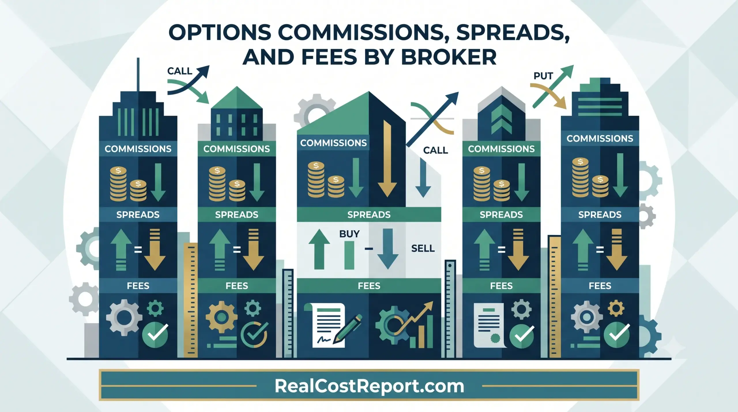 Geometric vector illustration showing a comparison of options commissions, spreads, and fees for different generic brokers.