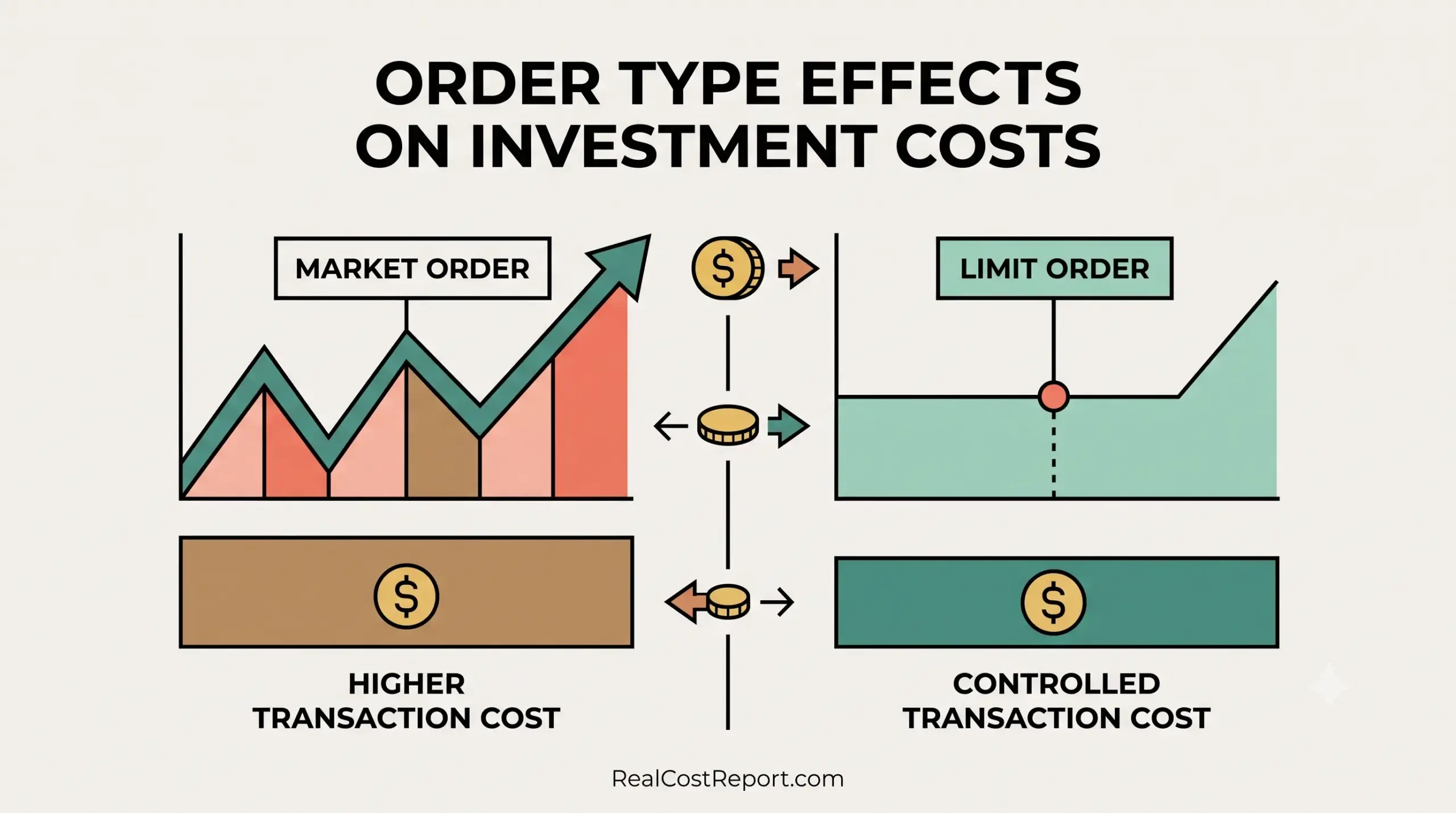 Clean geometric illustration conceptualizing how different investment order types affect trading costs, with RealCostReport.com at the bottom.