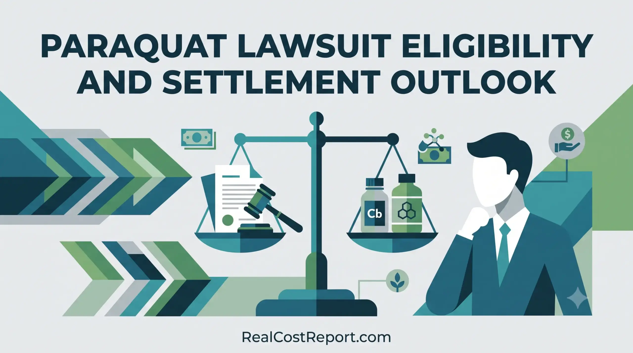 Geometric vector illustration featuring scales of justice balancing legal documents and chemical containers alongside text about Paraquat lawsuit eligibility.