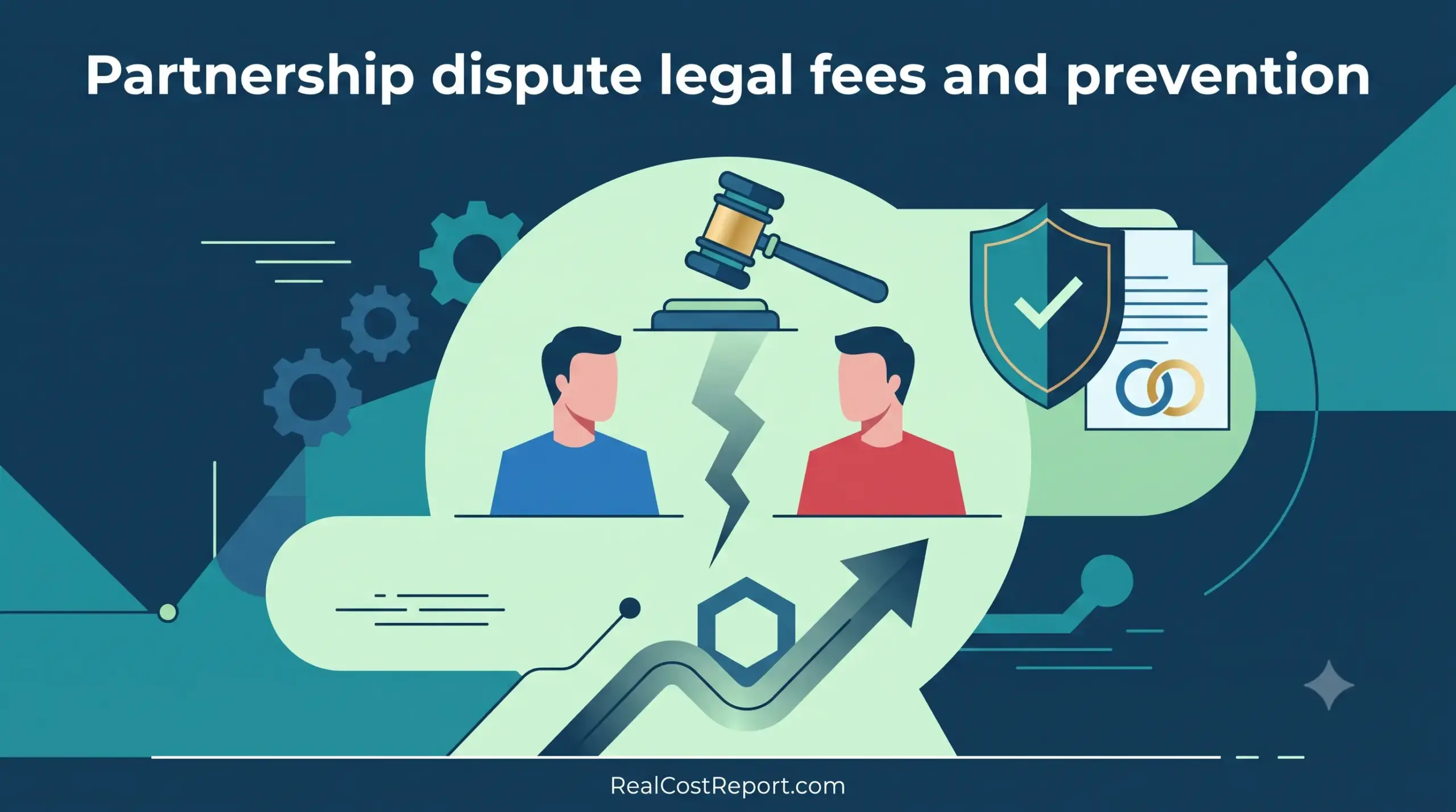 A vector illustration with text "Partnership dispute legal fees and prevention" and business icons in teal and blue.