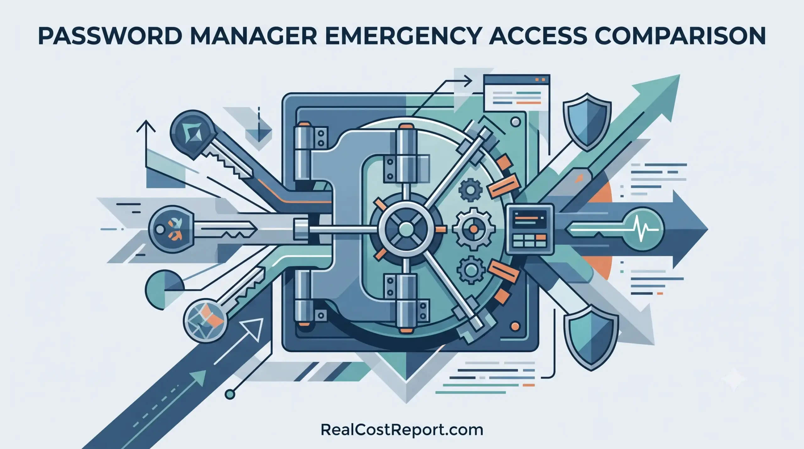 Geometric illustration of a digital vault with keys and shields, comparing password manager emergency access features.