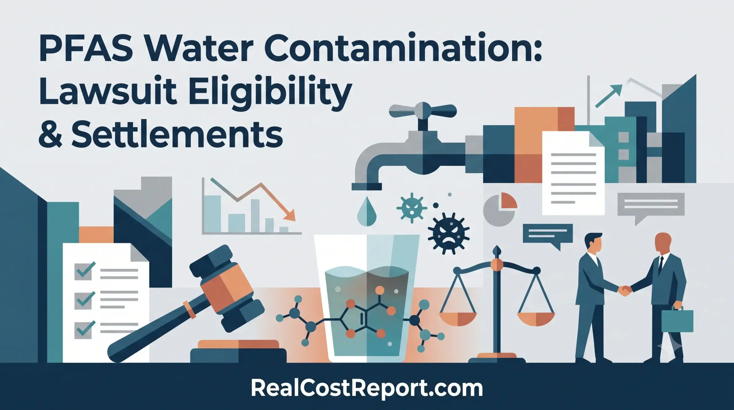 Geometric illustration regarding PFAS water contamination legal claims, eligibility requirements, and potential settlements for consumer research.
