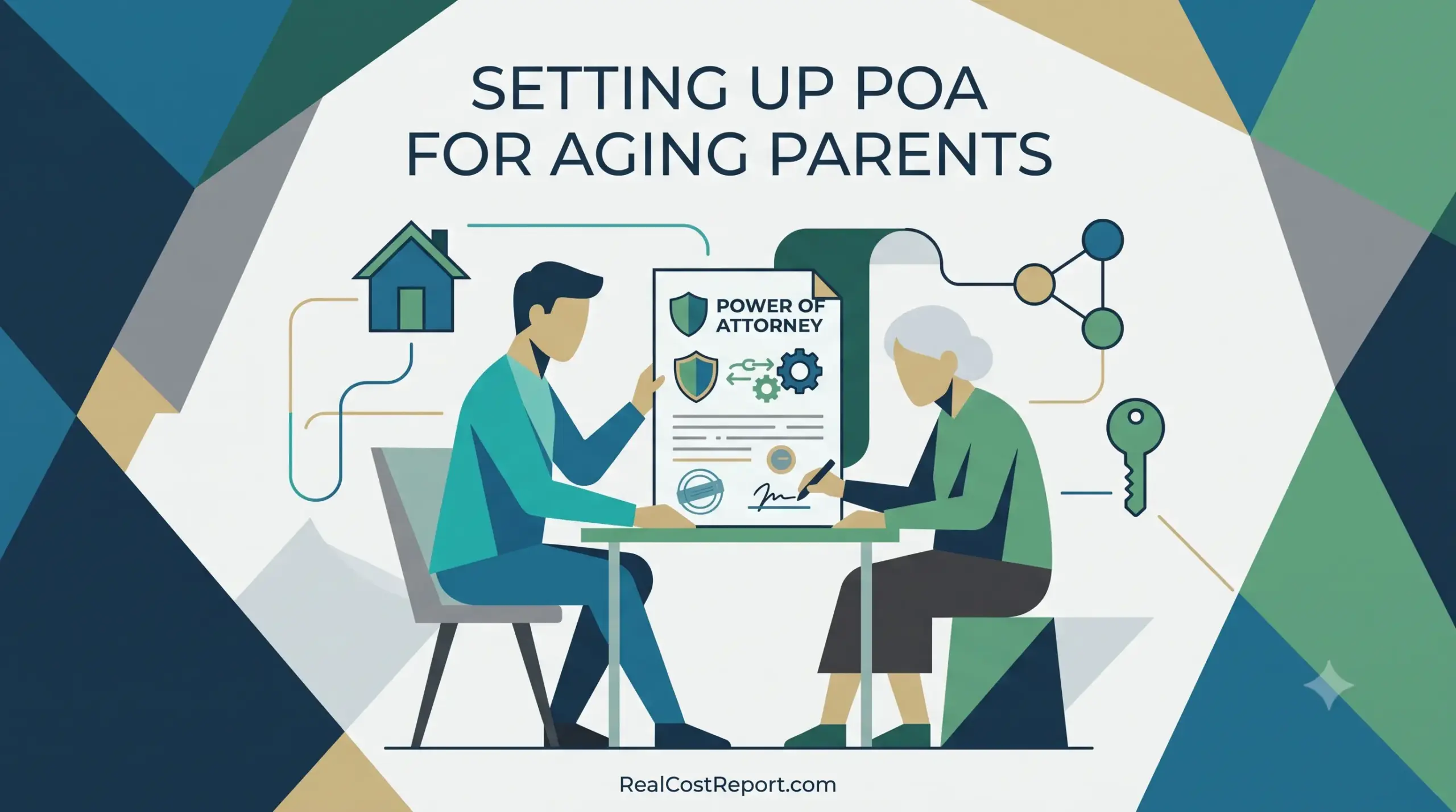 A geometric vector illustration for RealCostReport.com titled 'SETTING UP POA FOR AGING PARENTS' showing a family signing a Power of Attorney document.