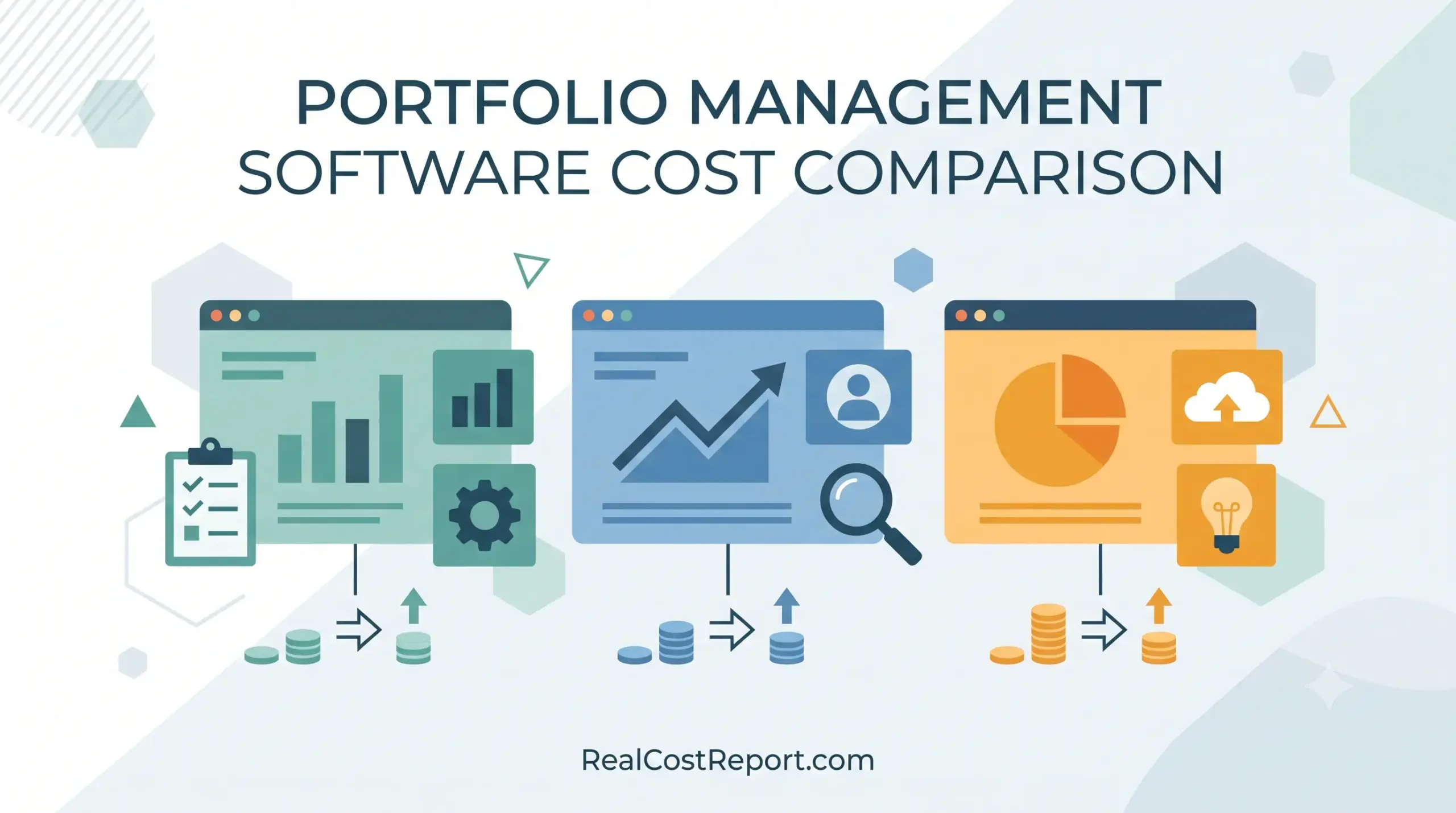 Minimalist geometric vector illustration comparing three stylized software interfaces with financial charts and rising coin stacks.