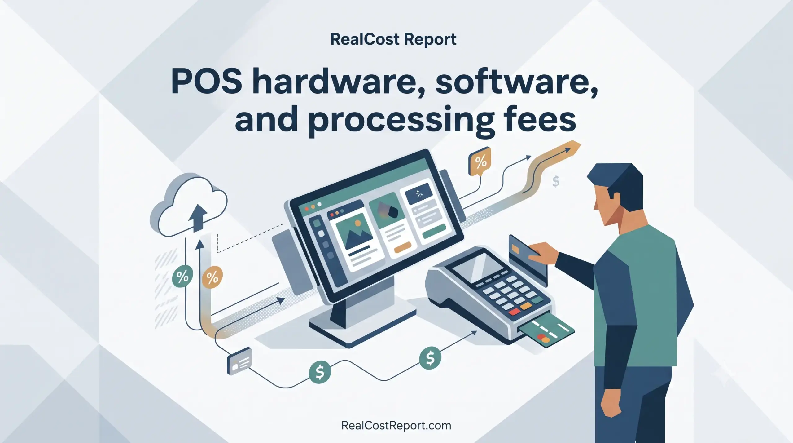 A flat geometric illustration of a point-of-sale terminal, card reader, and software interface representing business costs.