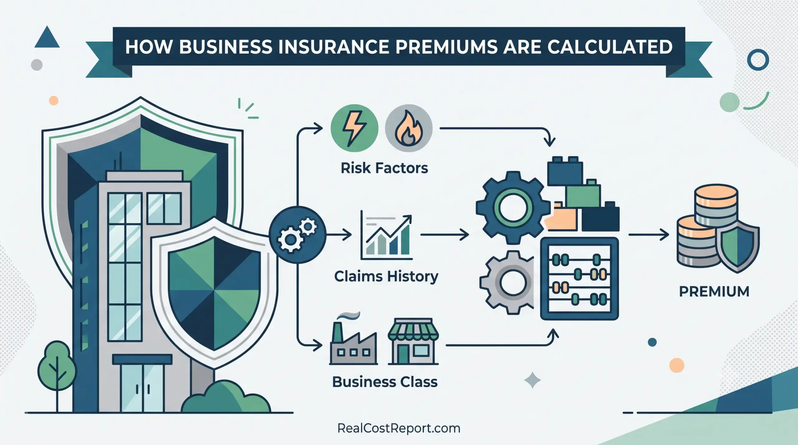 A flat geometric illustration showing business shields, risk factors, claims history, and a calculation abacus to determine a premium amount.