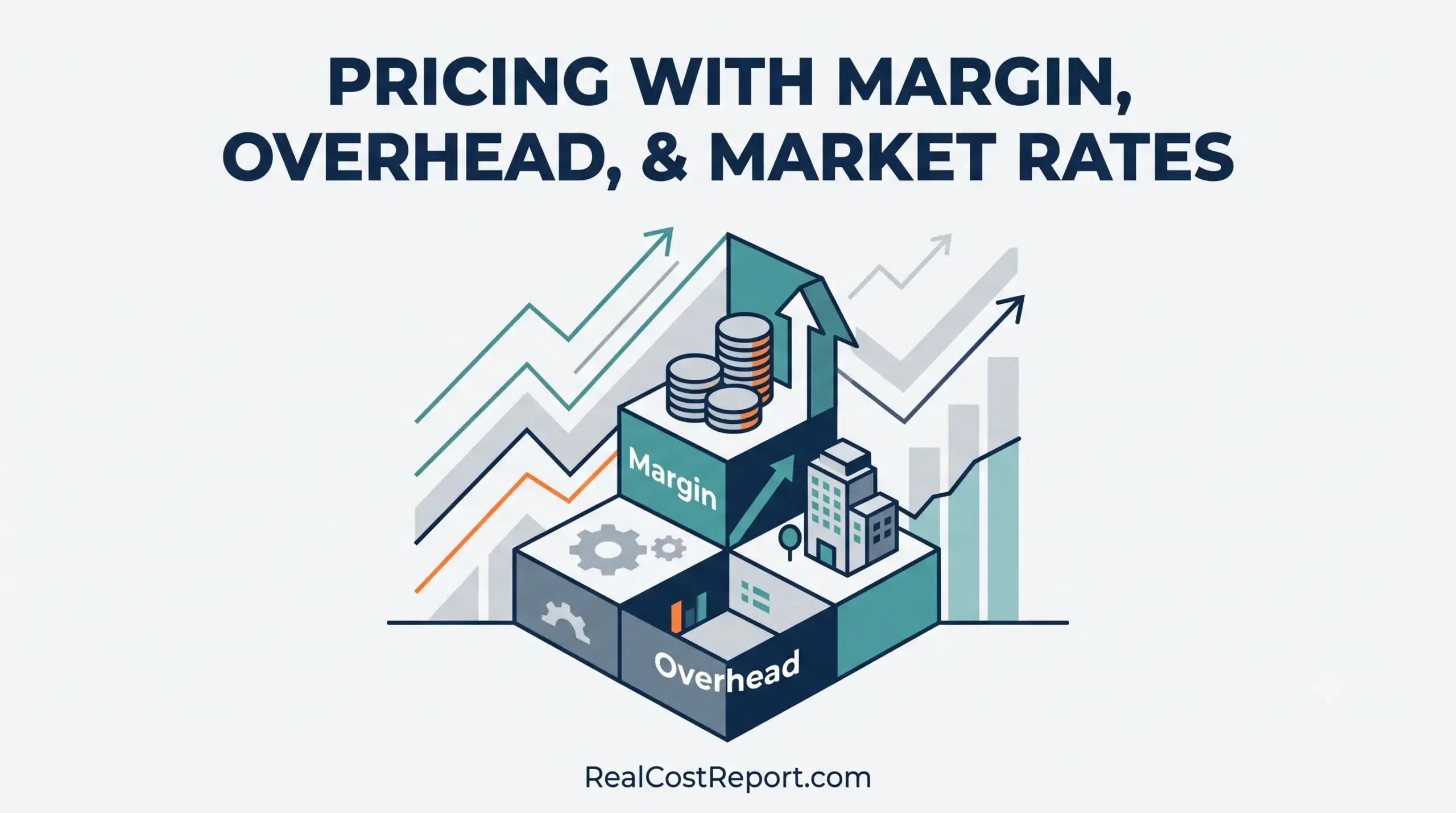 An isometric vector illustration visualizing pricing components like margin and overhead as stacked blocks.