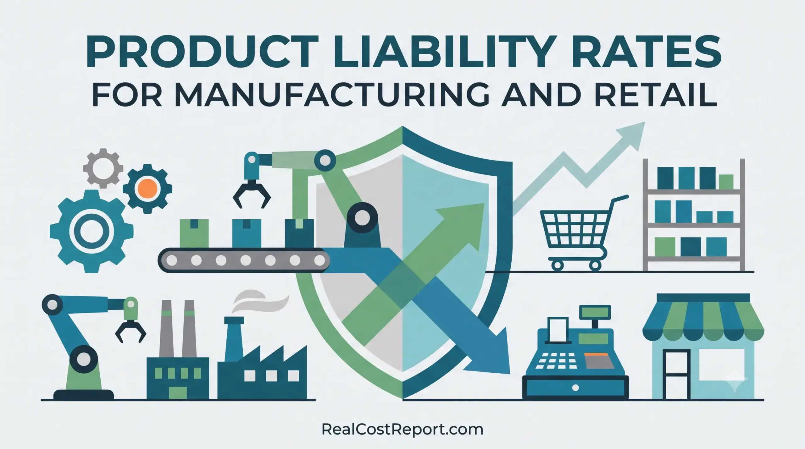Geometric illustration showing factory icons and a shopping cart protected by a large shield, symbolizing liability protection.