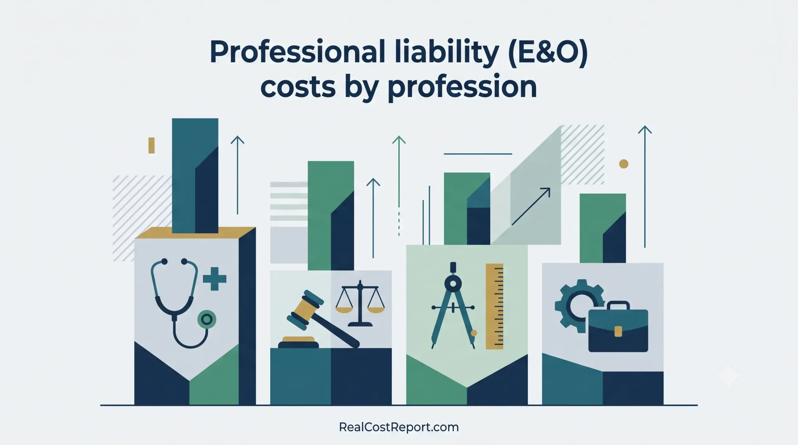 Geometric vector illustration comparing professional liability insurance costs across medicine, law, engineering, and business professions.