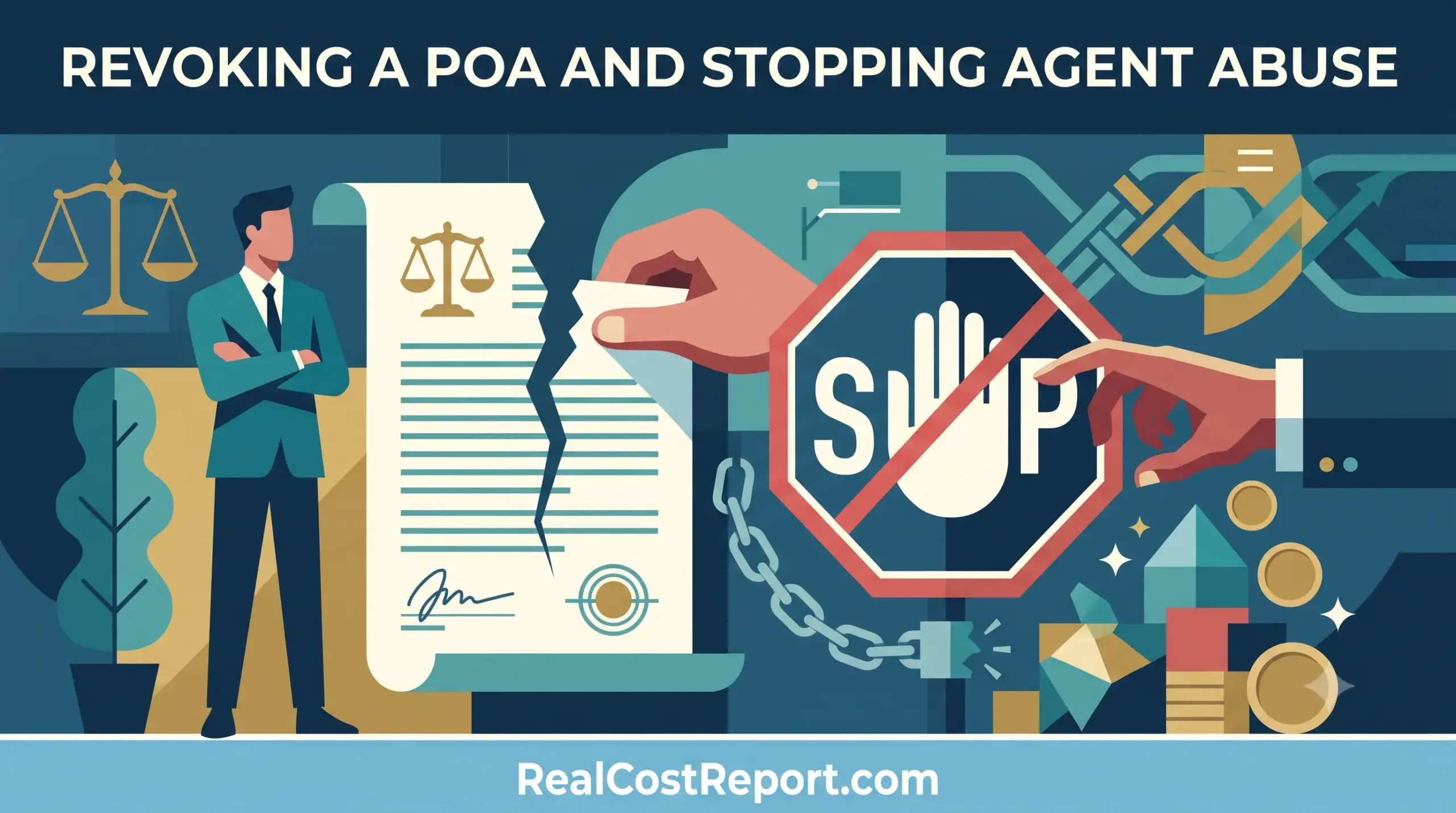Geometric vector illustration of a man next to a torn Power of Attorney document and a hand stopping another from accessing coins, signifying the end of agent abuse.