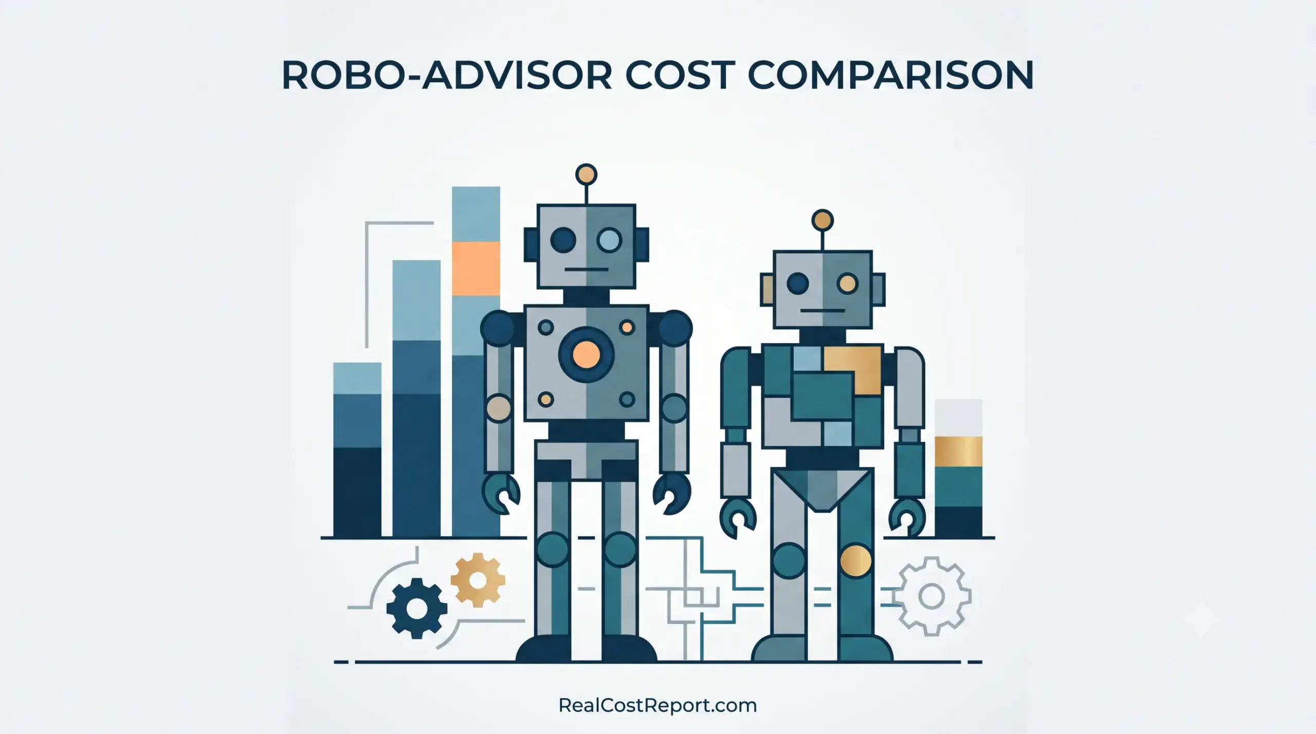 Flat design illustration of two different robots representing robo-advisors next to geometric bar graphs and gears.