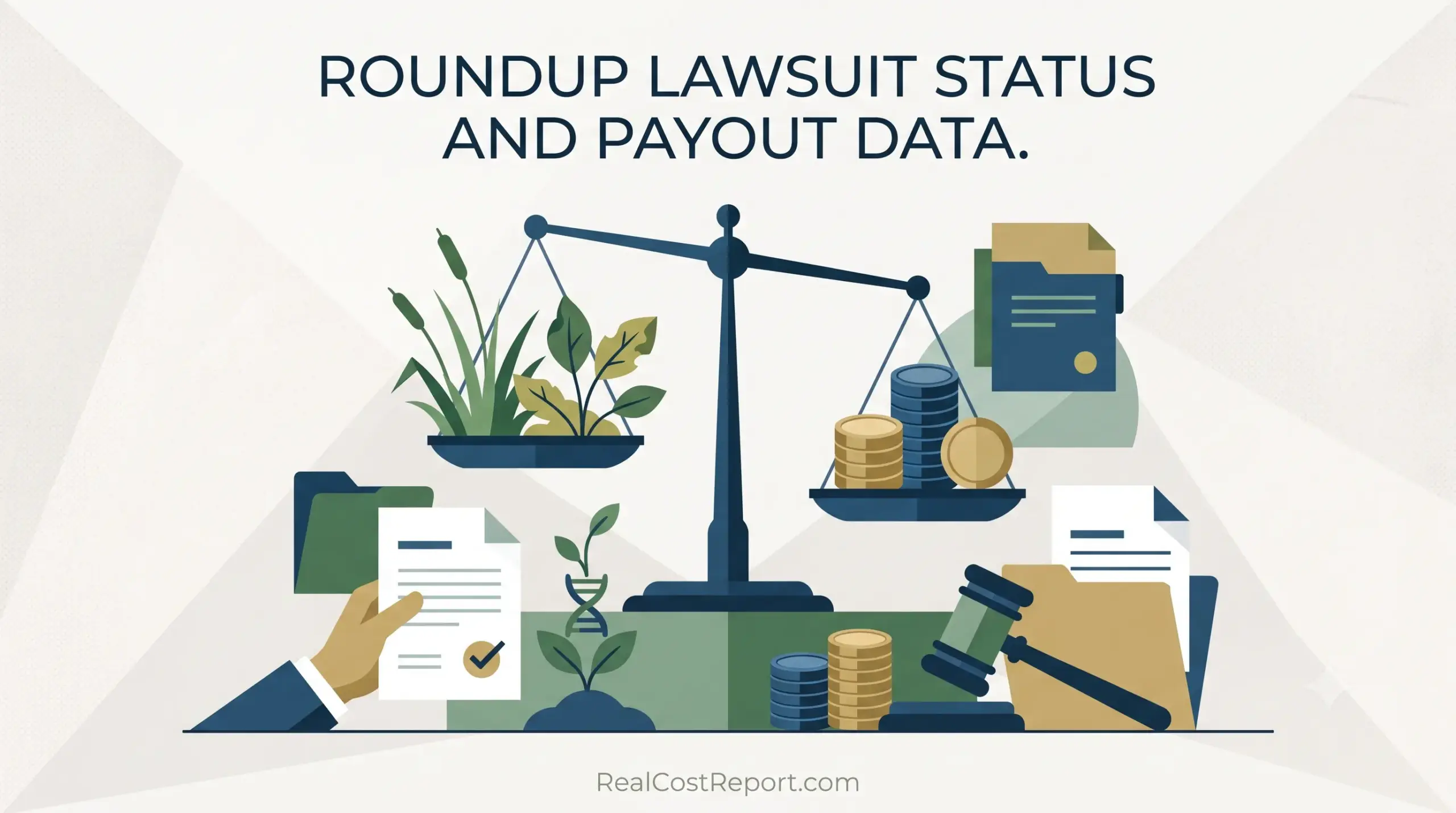 A flat geometric vector illustration of legal scales balancing plants and coins, with a gavel and documents nearby.