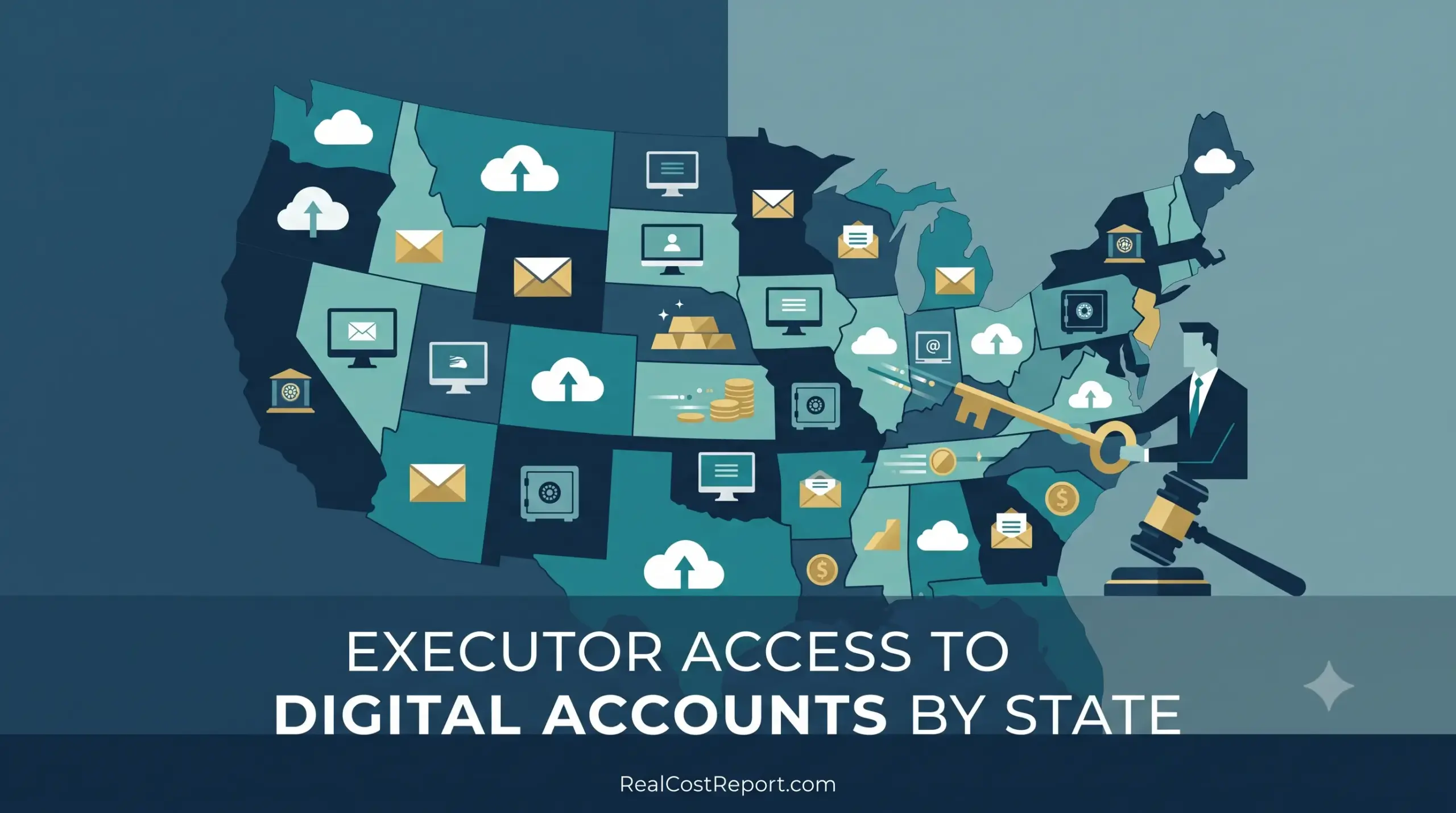 A stylized map of the US with digital account icons and a man holding a key and gavel.