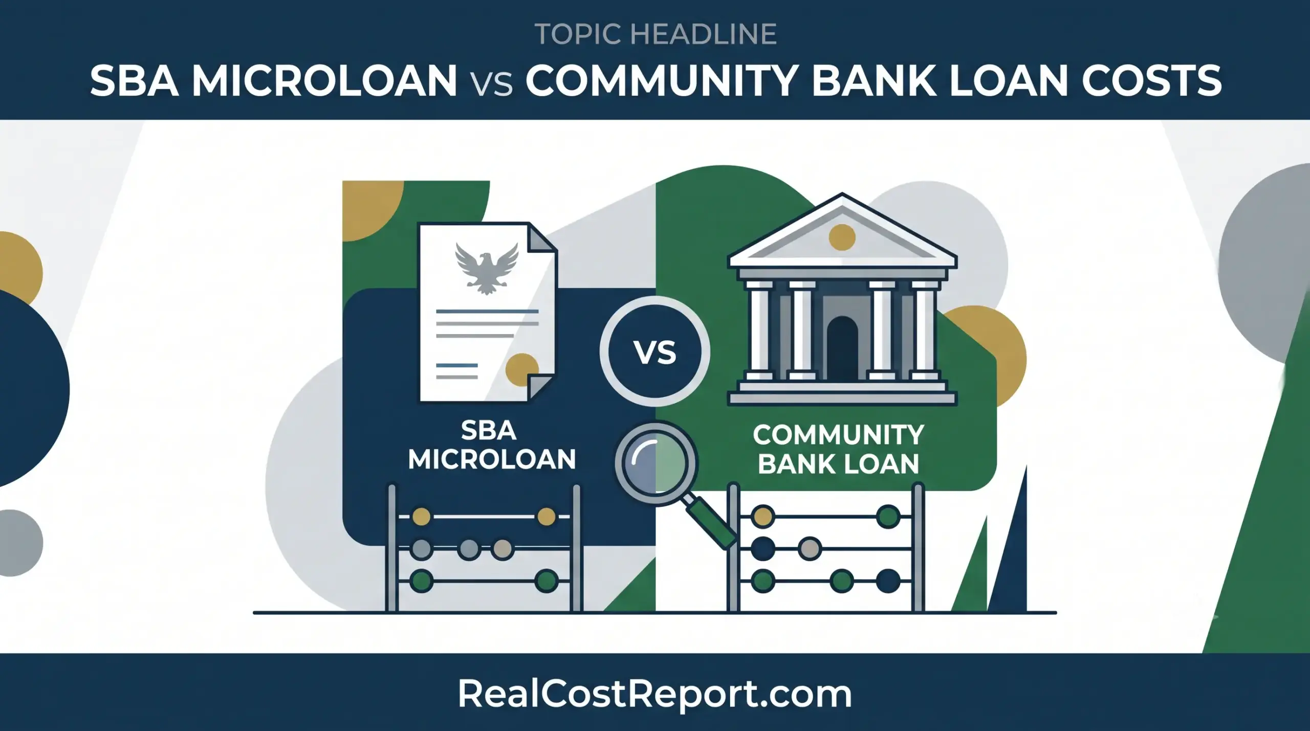Geometric vector illustration comparing SBA microloan and community bank loan options with subtle financial icons on a clean background.