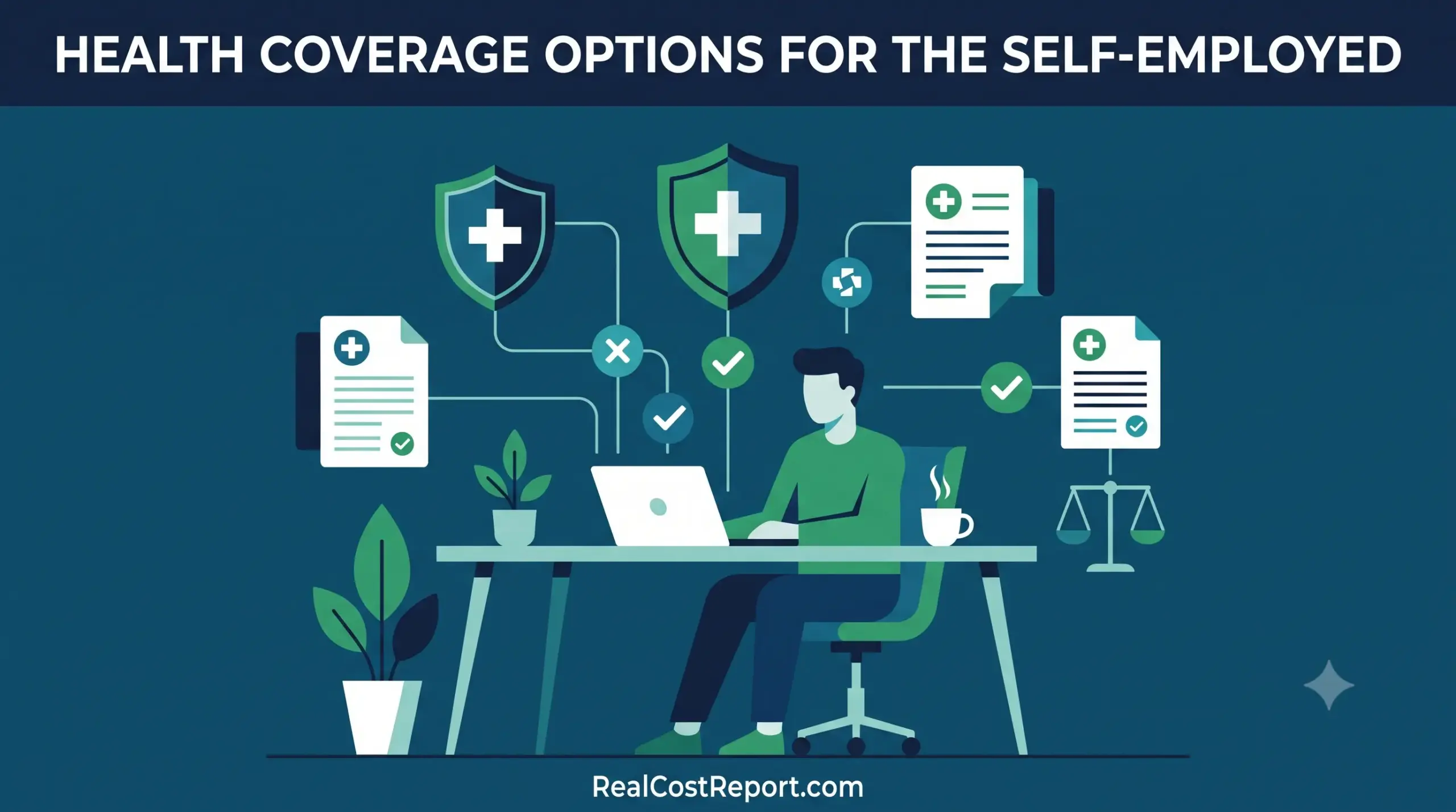 Geometric vector illustration of a person at a laptop comparing health insurance options, featuring shields, documents, and medical icons.