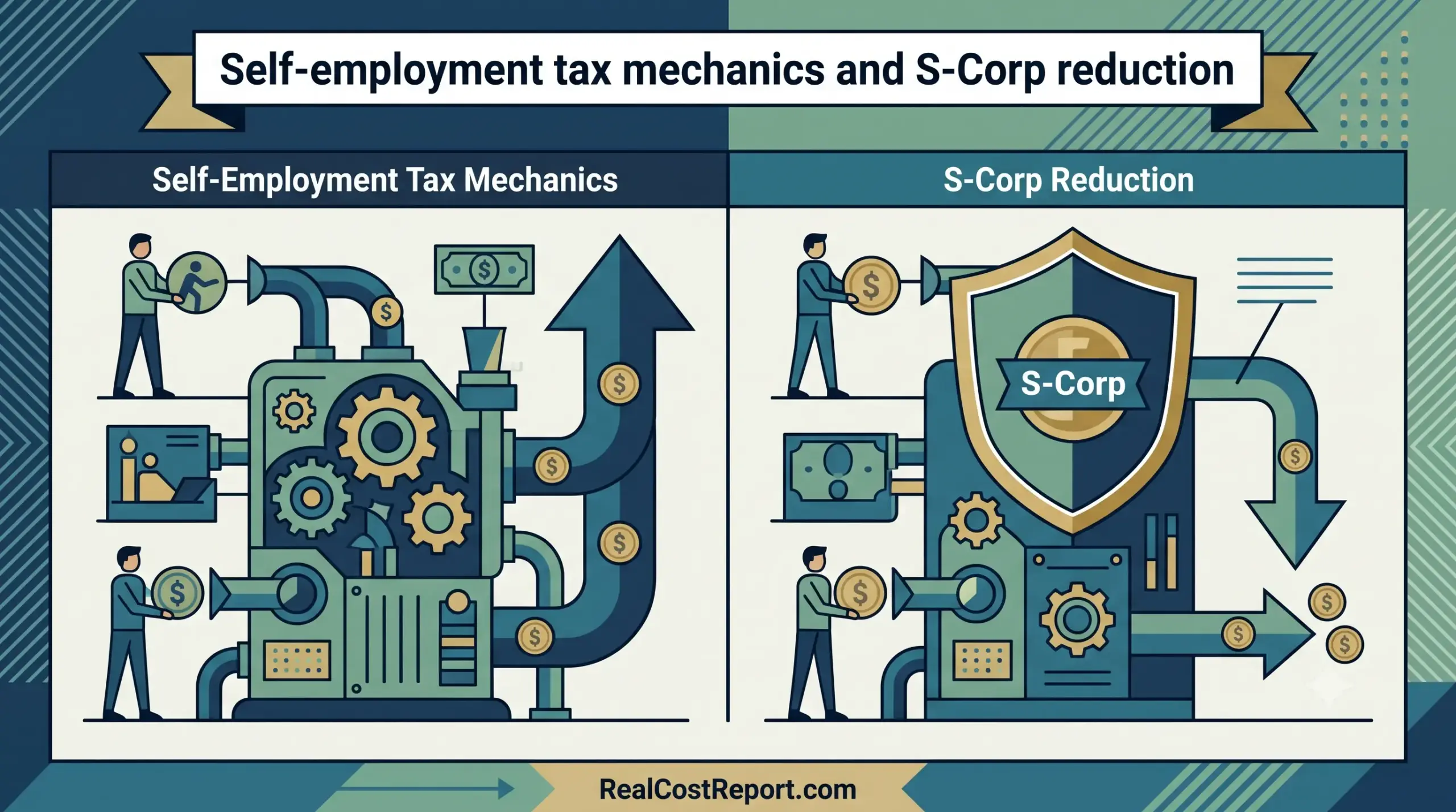 An illustration comparing the complex "Self-Employment Tax Mechanics" machine with large arrows against the streamlined "S-Corp Reduction" machine with a shield.