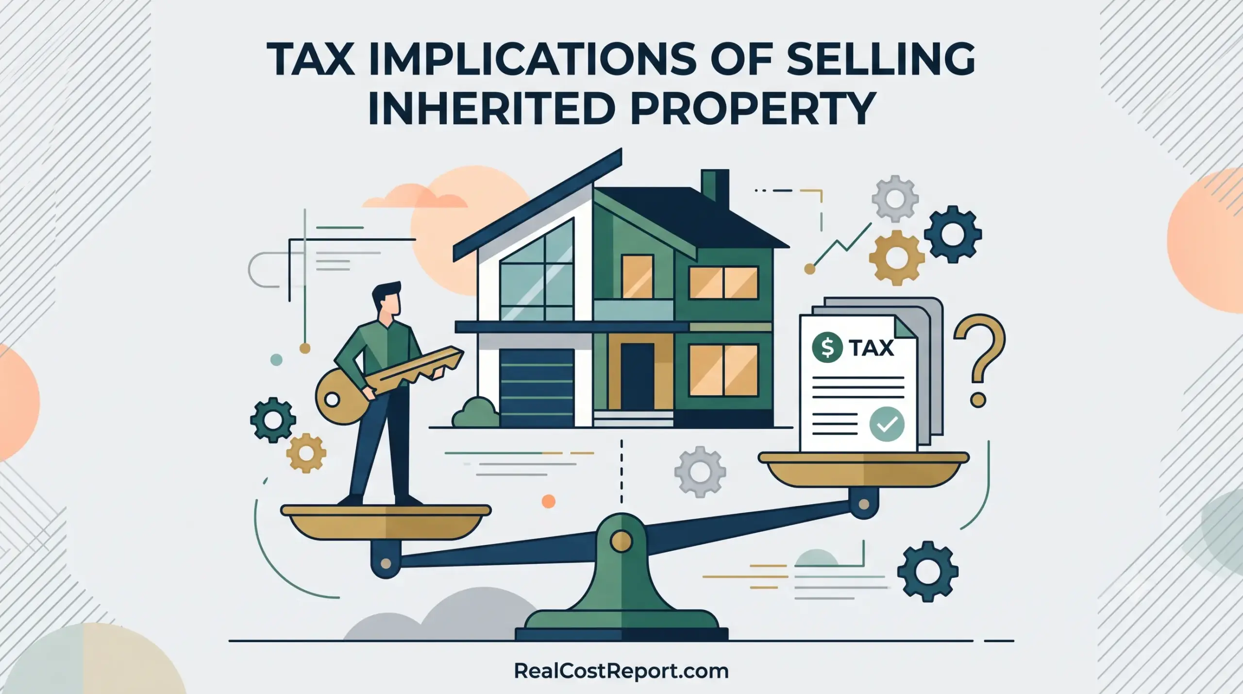 A stylized vector illustration of a man balancing a large key against tax documents on a scale in front of a house.
