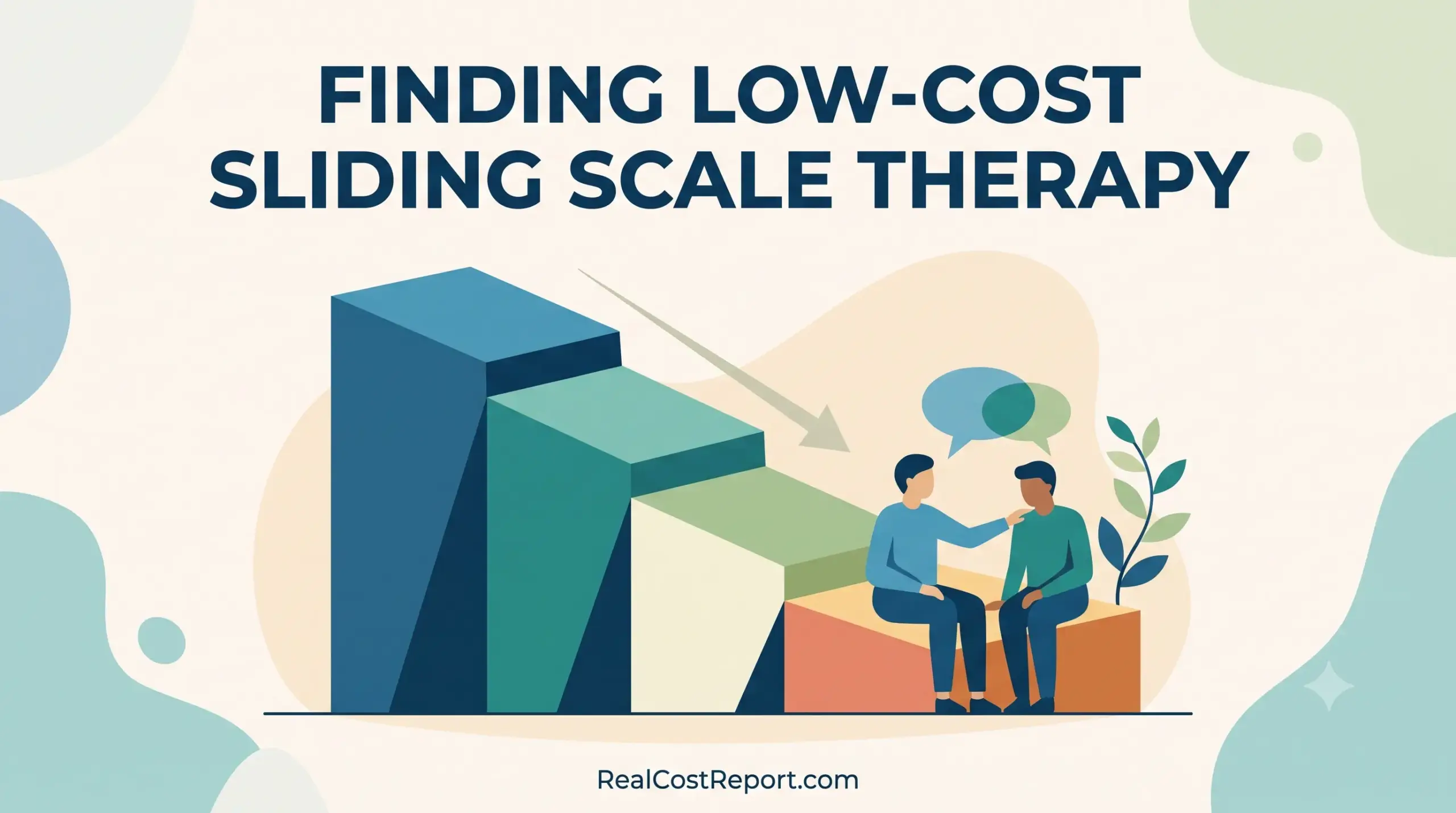 Geometric illustration showing abstract figures on a descending block structure, symbolizing accessible mental health support and sliding scale costs.