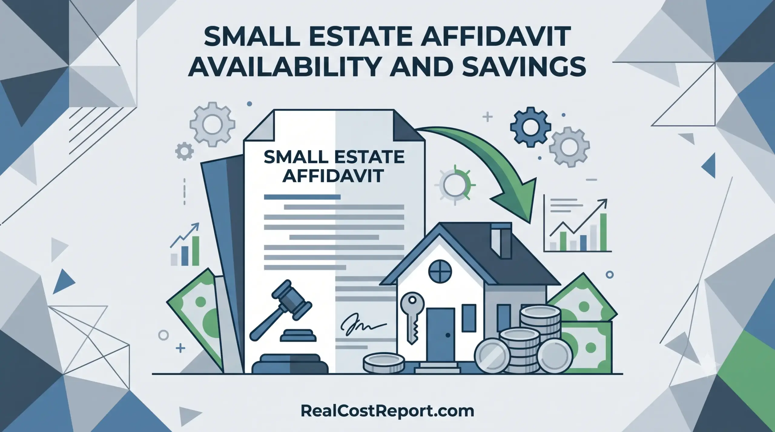 Geometric illustration showing a 'Small Estate Affidavit' document, gavel, house, and coins, with 'RealCostReport.com' at the bottom.