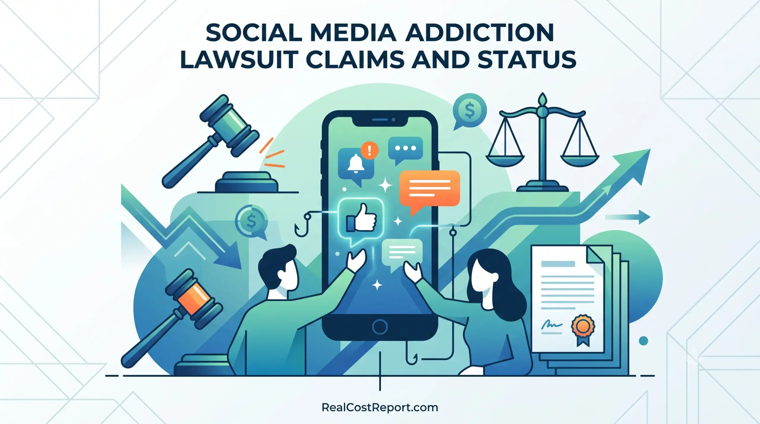 An illustration showing a smartphone with social media icons, flanked by gavels, scales of justice, and a rising arrow graph, all under the text 'SOCIAL MEDIA ADDICTION LAWSUIT CLAIMS AND STATUS'.