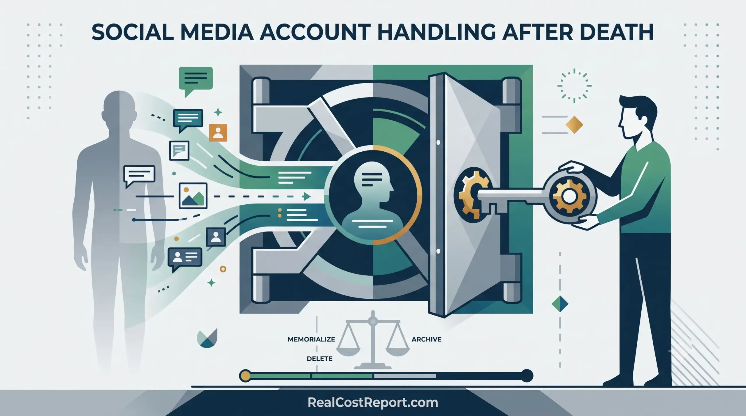 A geometric vector illustration shows a silhouette passing data to a vault, where options like memorialize or delete are managed.