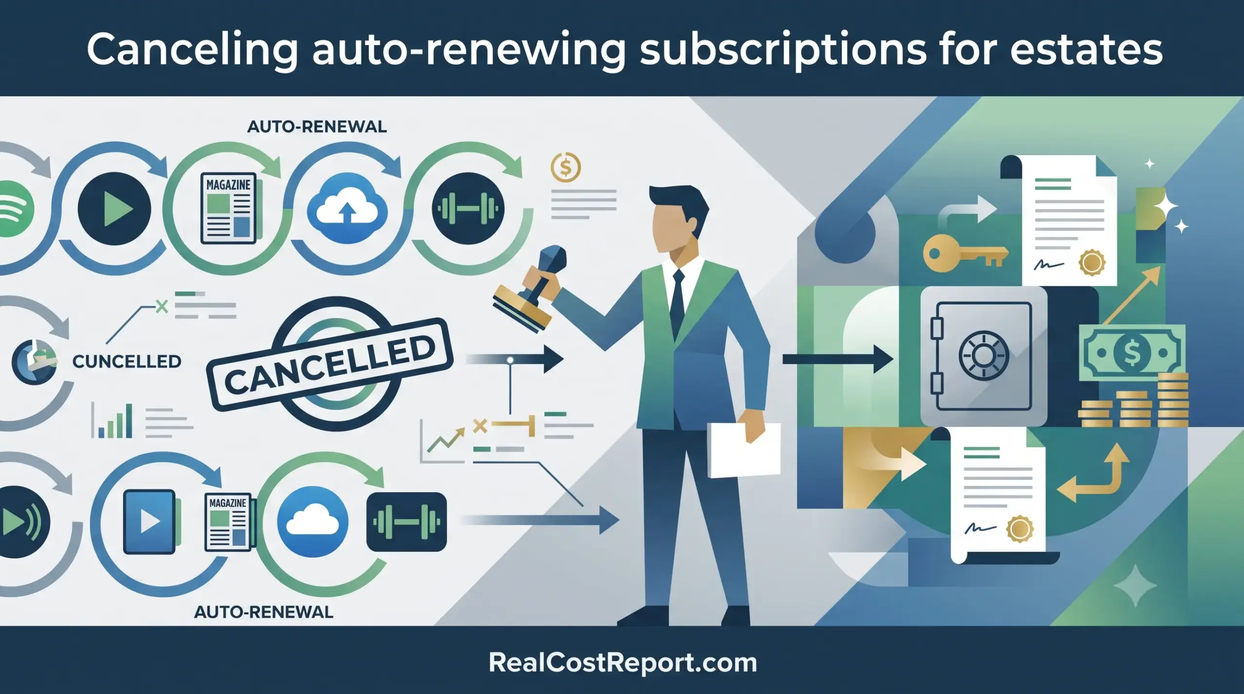 Geometric illustration showing a professional using a stamp to stop various auto-renewing service subscriptions.