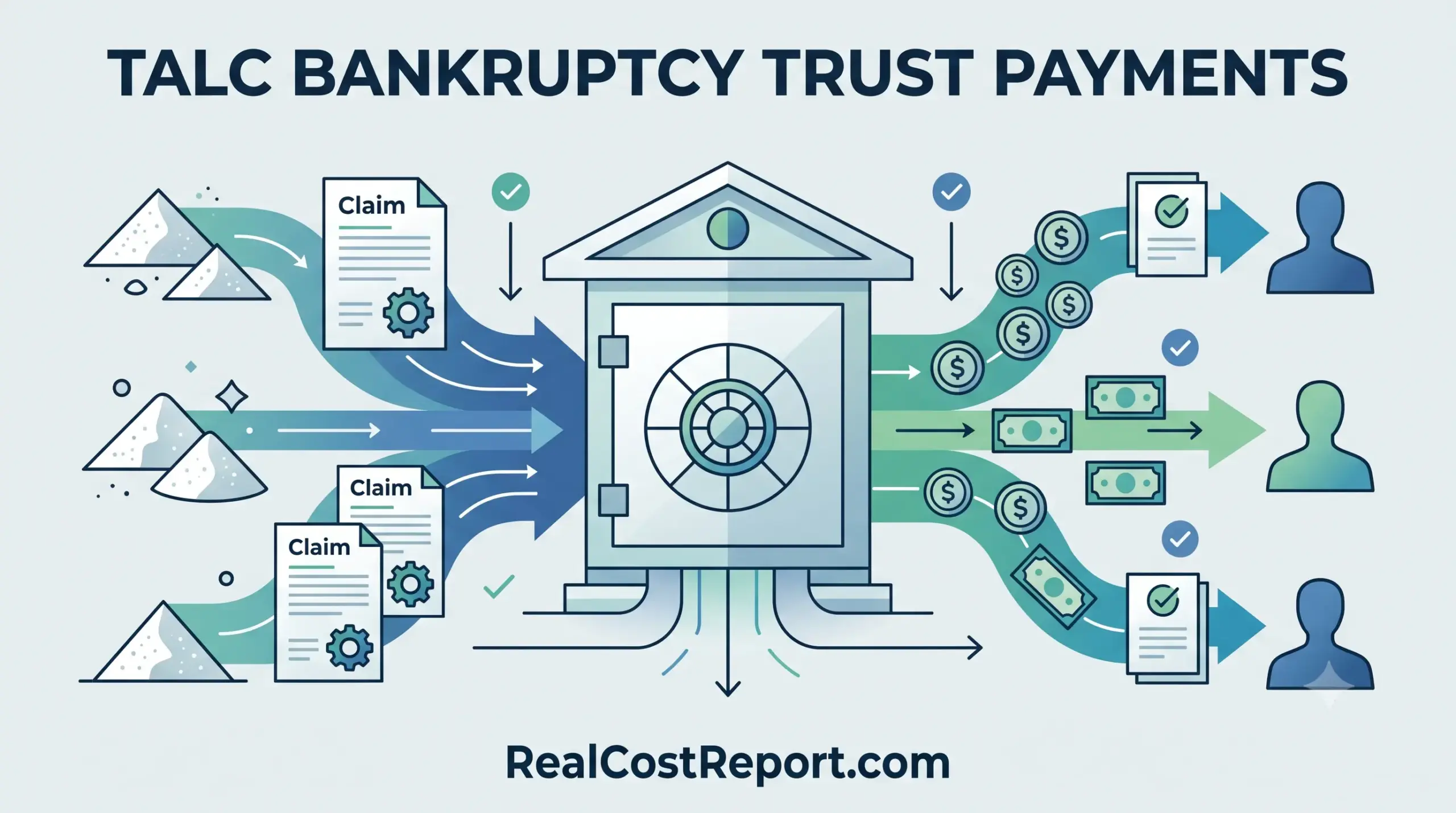 Geometric vector illustration showing talc transforming into legal claims that enter a central trust vault for distribution.