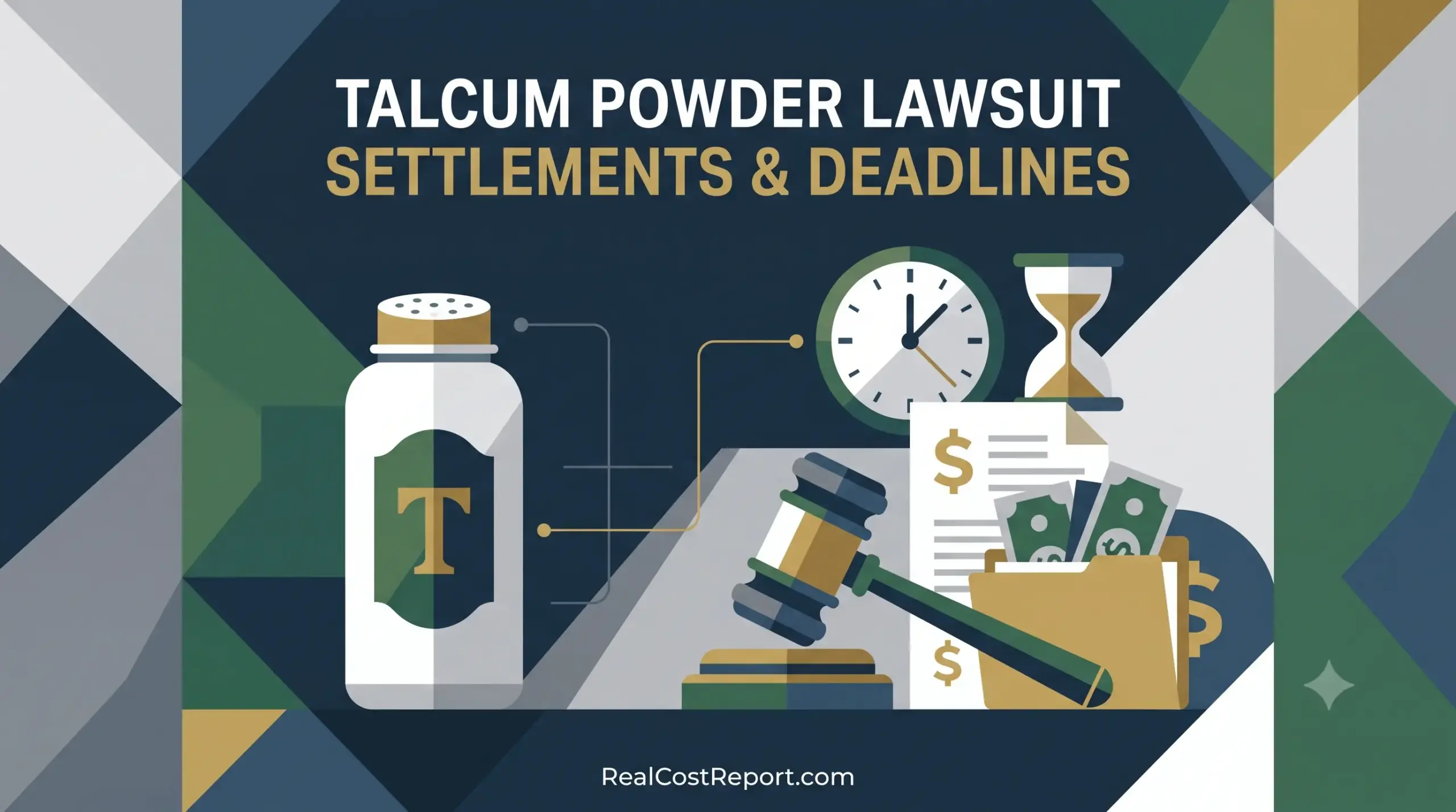 A geometric vector illustration featuring a talcum powder bottle, a legal gavel, an hourglass, and cash, representing lawsuit settlements.
