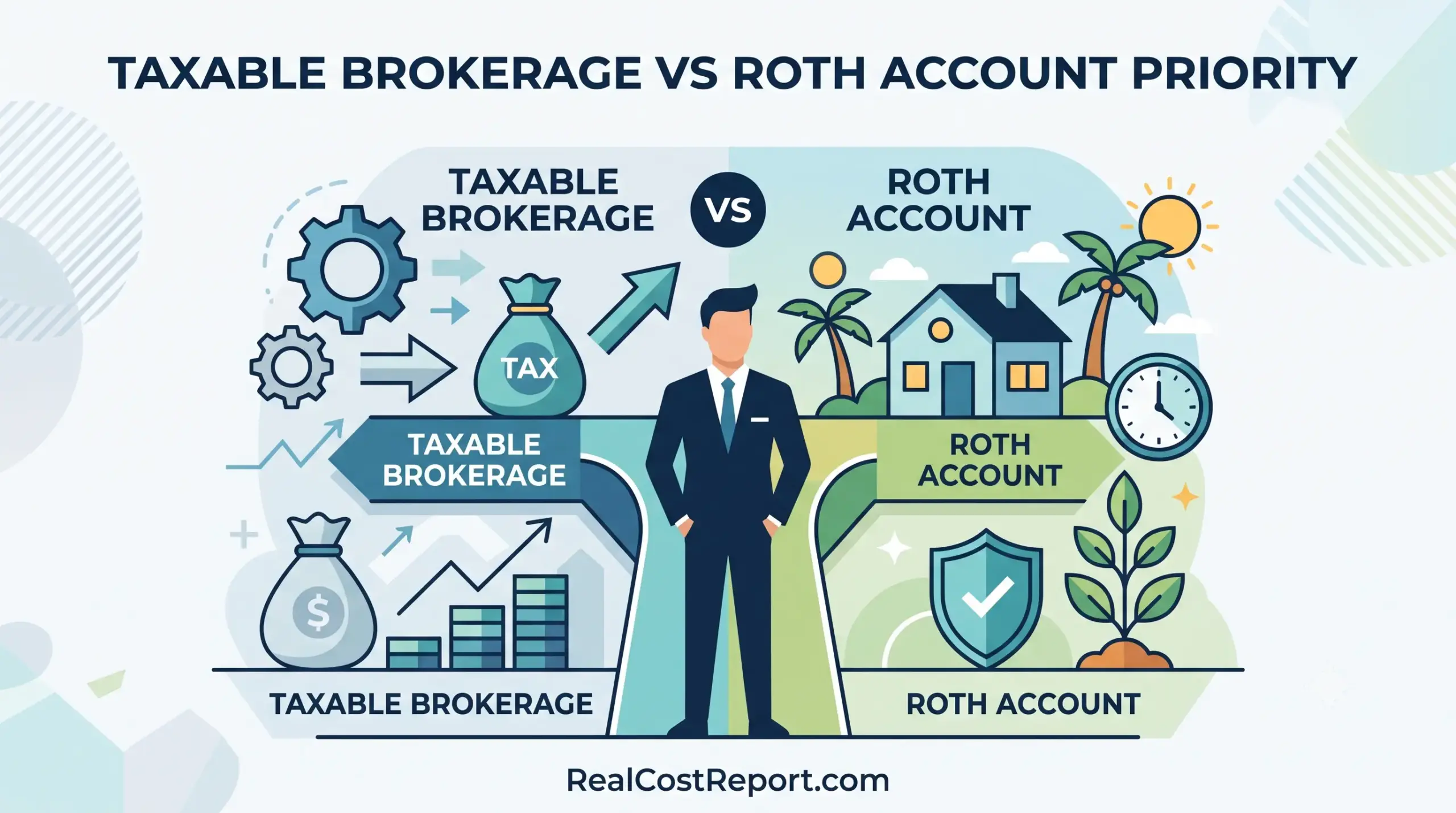Flat vector illustration showing a businessman at a crossroads between brokerage investments and a Roth IRA retirement home.