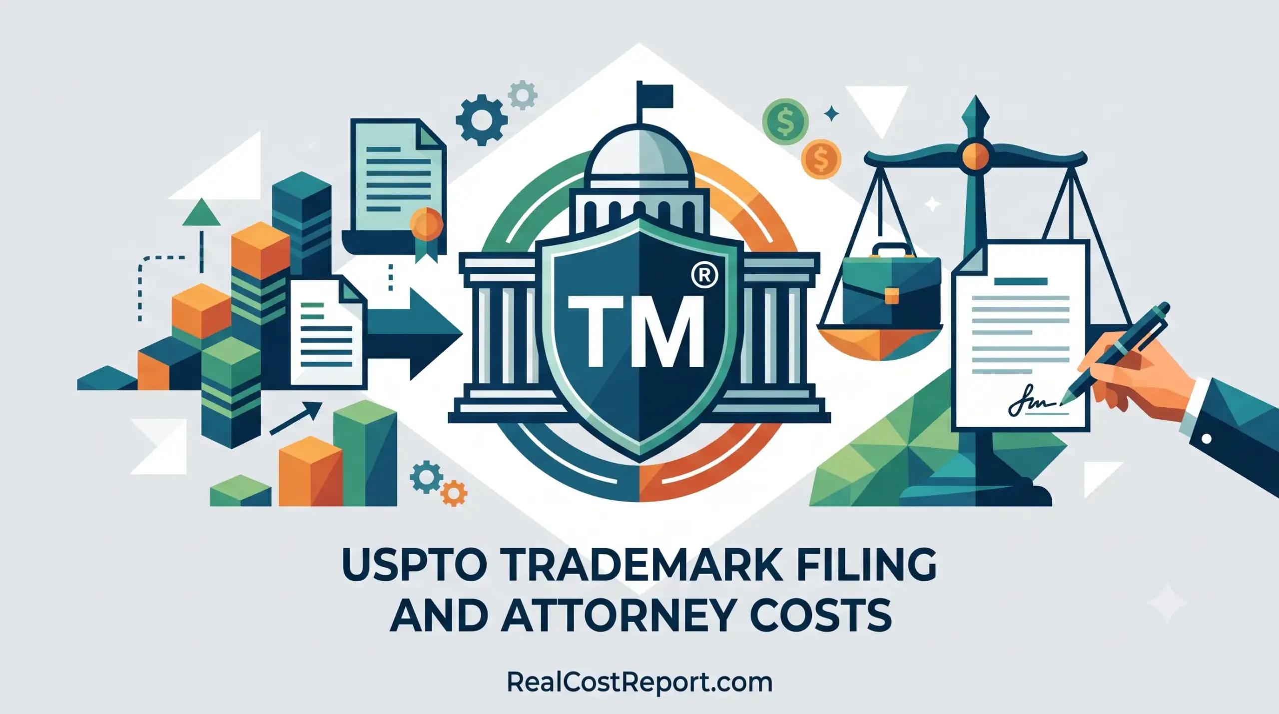 Geometric vector illustration with trademark symbols, a balance scale, and filing documents representing USPTO costs.
