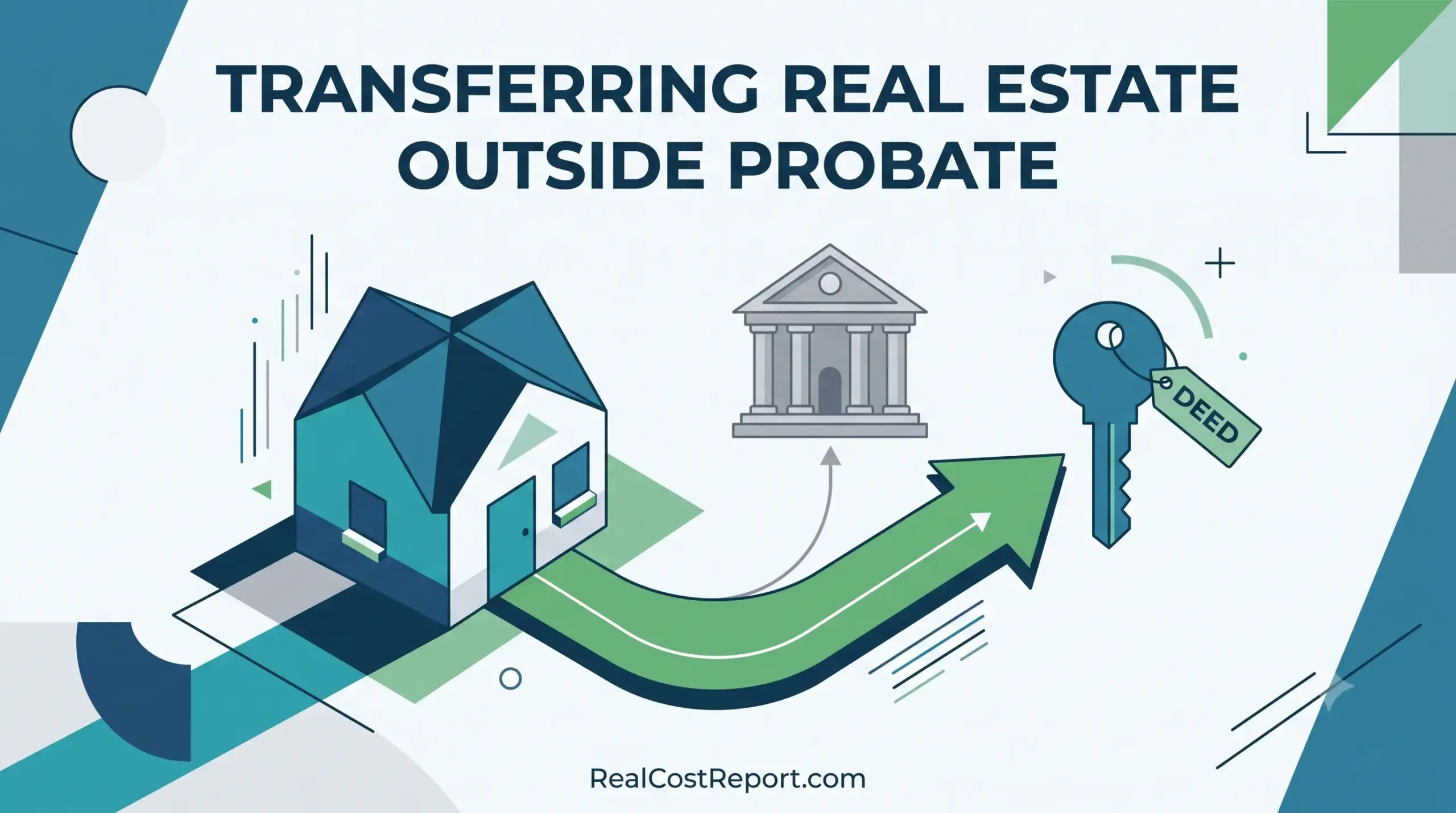 Geometric vector illustration showing a house bypassing a courthouse to reach a key and deed, for real estate transfer.