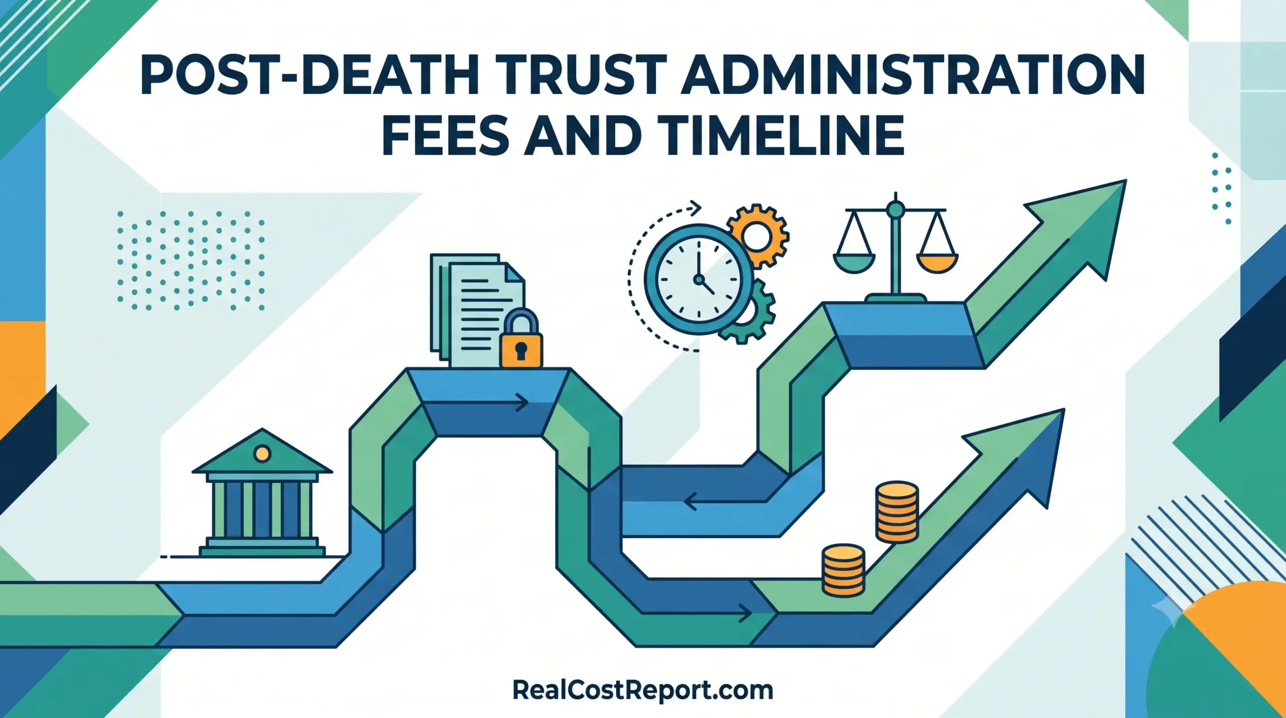 Geometric vector illustration depicting a trust administration timeline with legal scales, clock, and coins under the headline Post-Death Trust Administration Fees and Timeline.